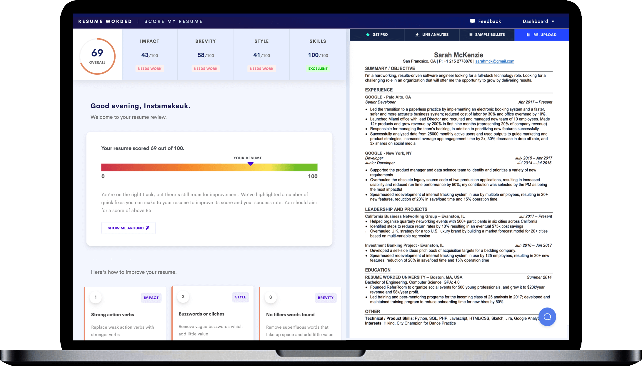 Get a free CV review instantly. Powered by Artificial Intelligence, the platform generates a CV report that looks like this.