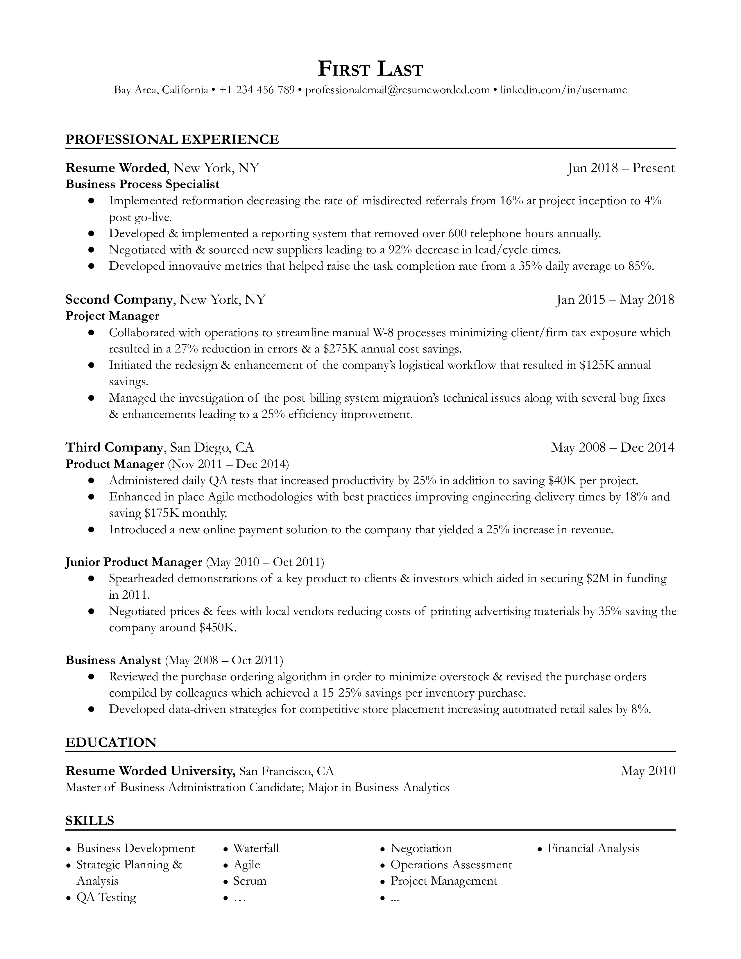 Business Process Specialist Resume Sample
