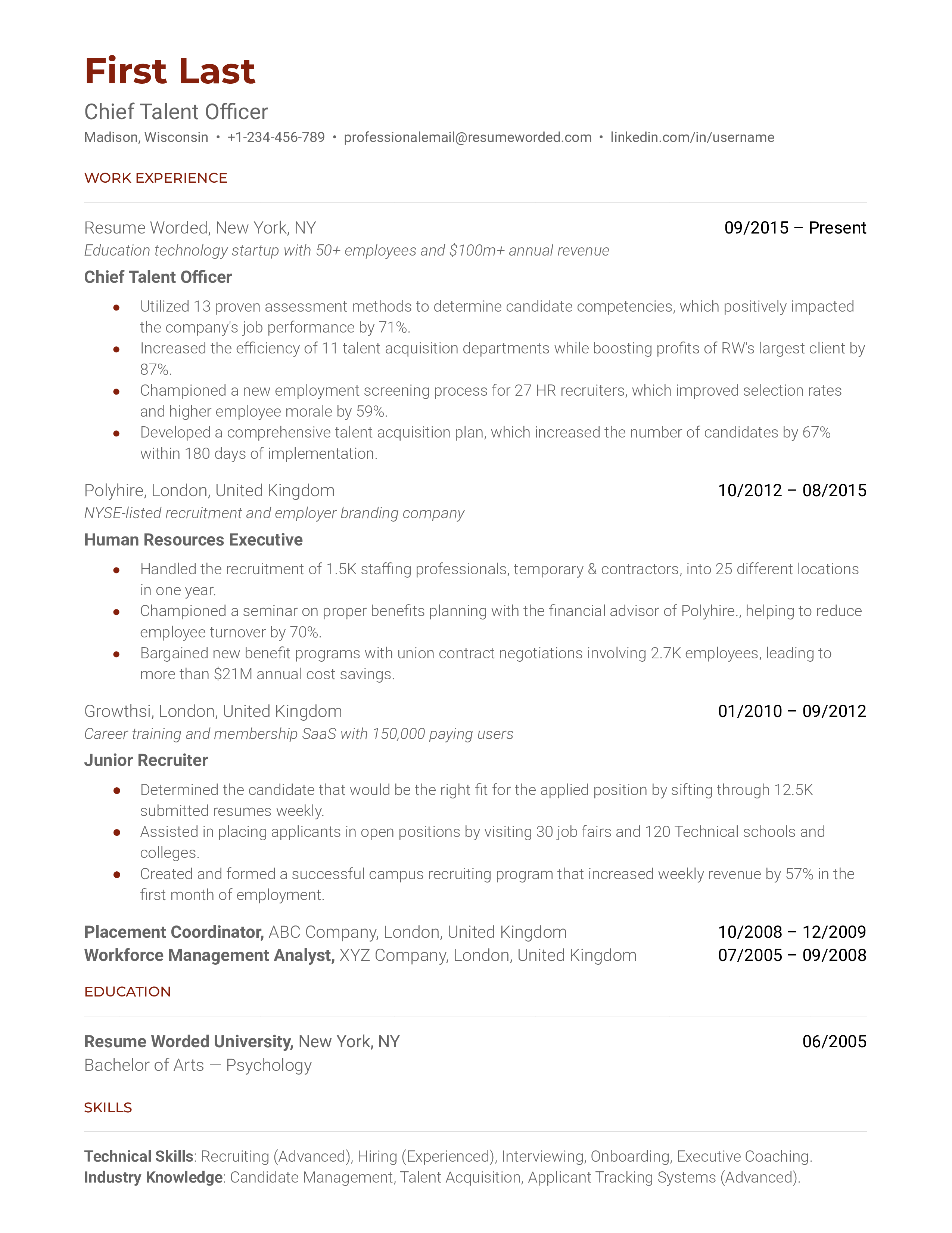Chief Talent Officer Resume Sample