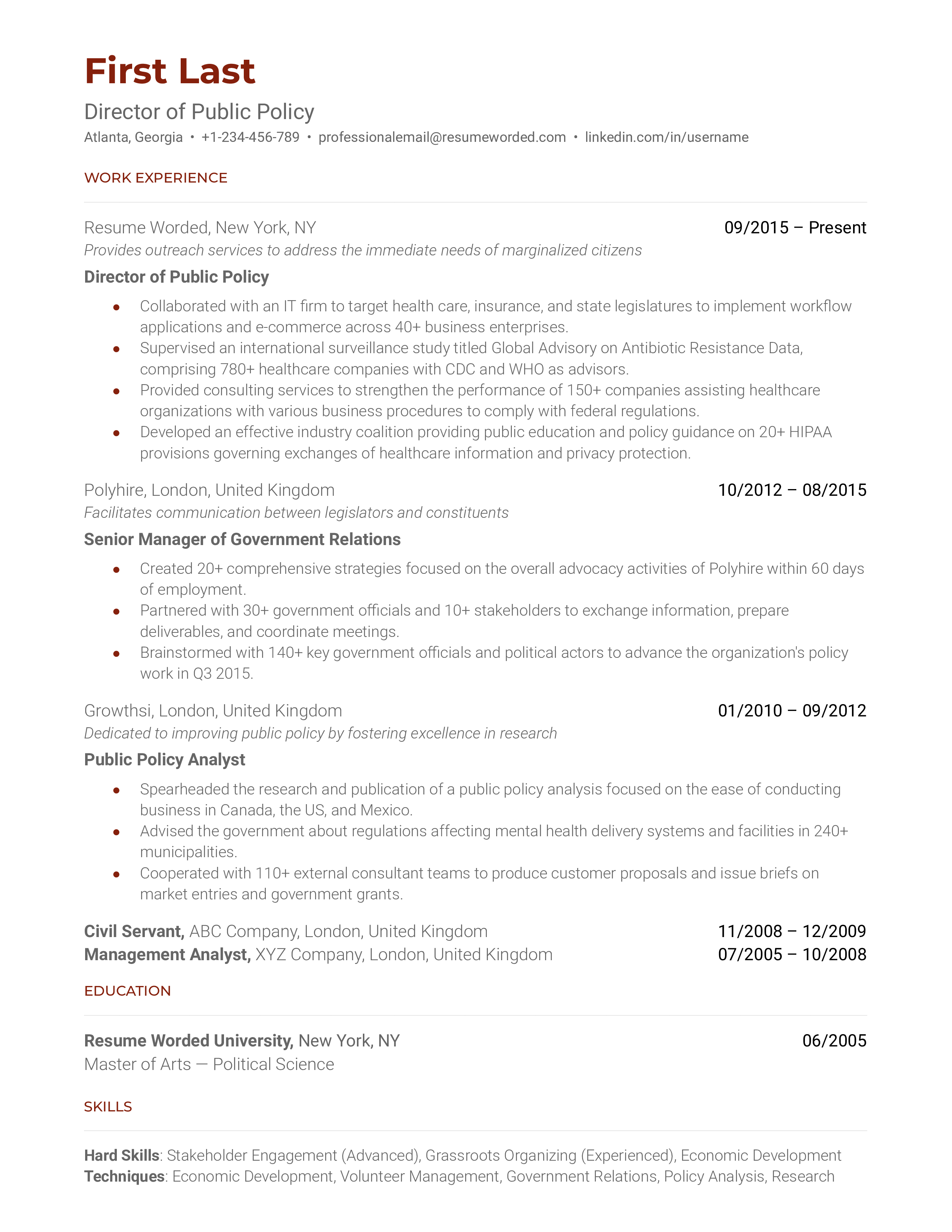 Director of Public Policy Resume Sample