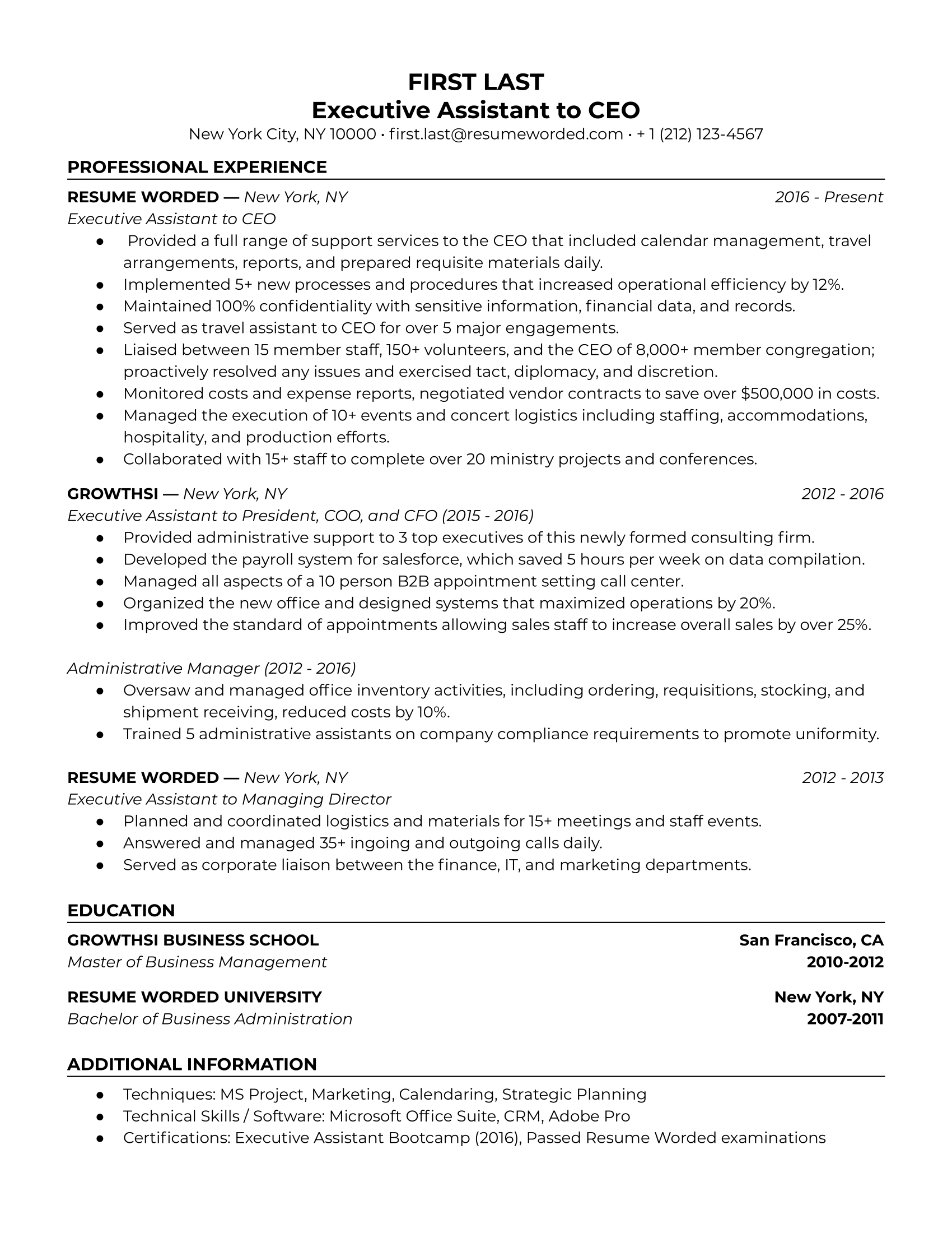 Executive Assistant to CEO Resume Sample