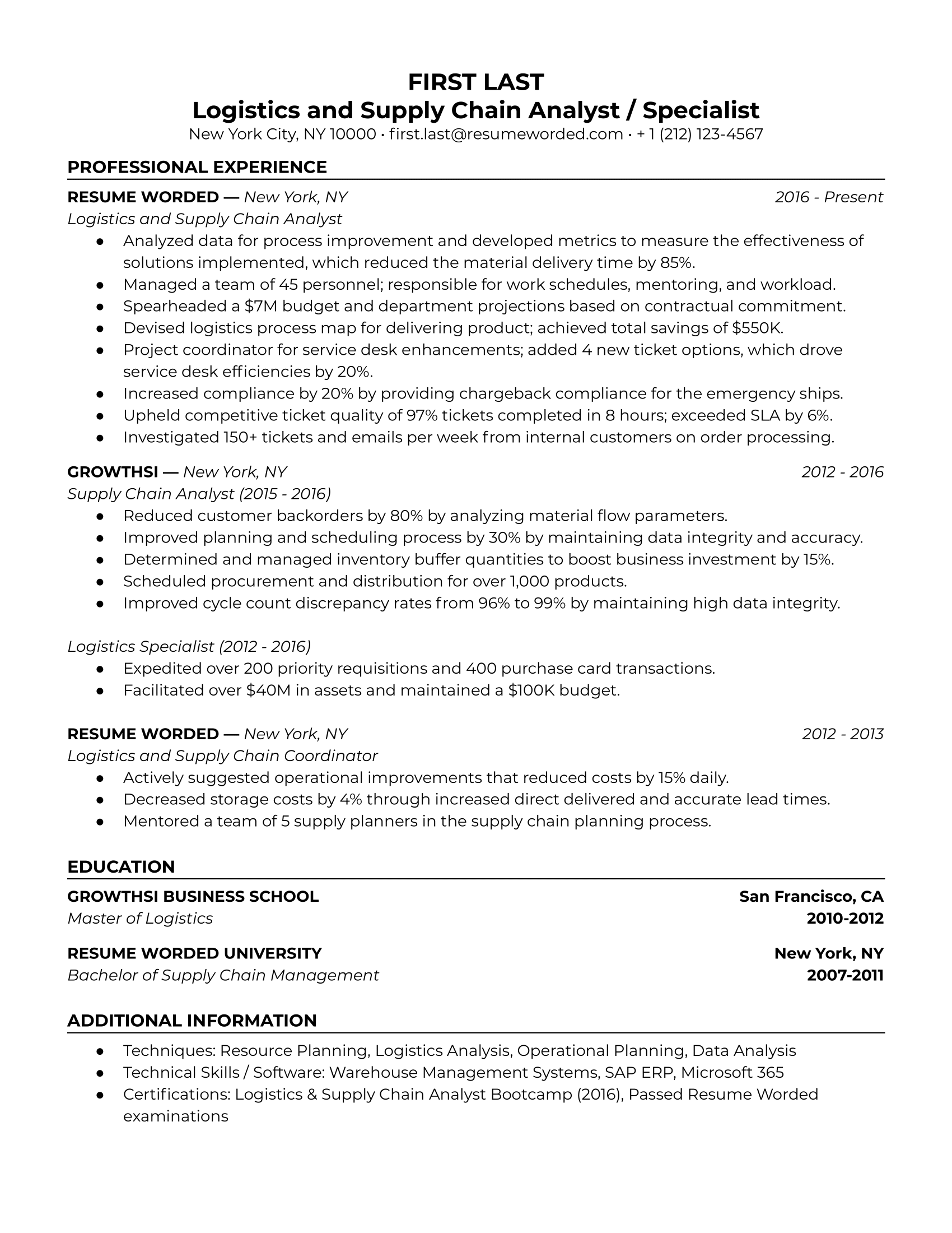 Logistics and Supply Chain Analyst / Specialist Resume Sample