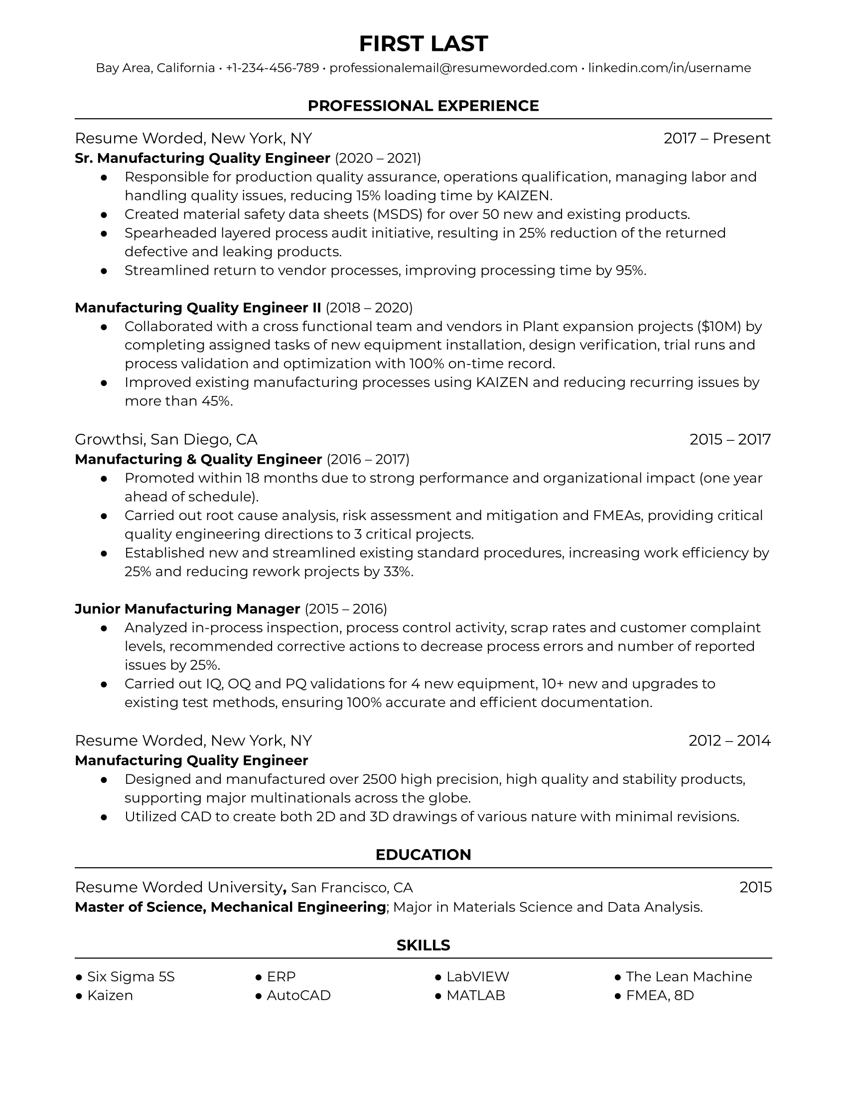 Manufacturing Quality Engineer Resume Sample