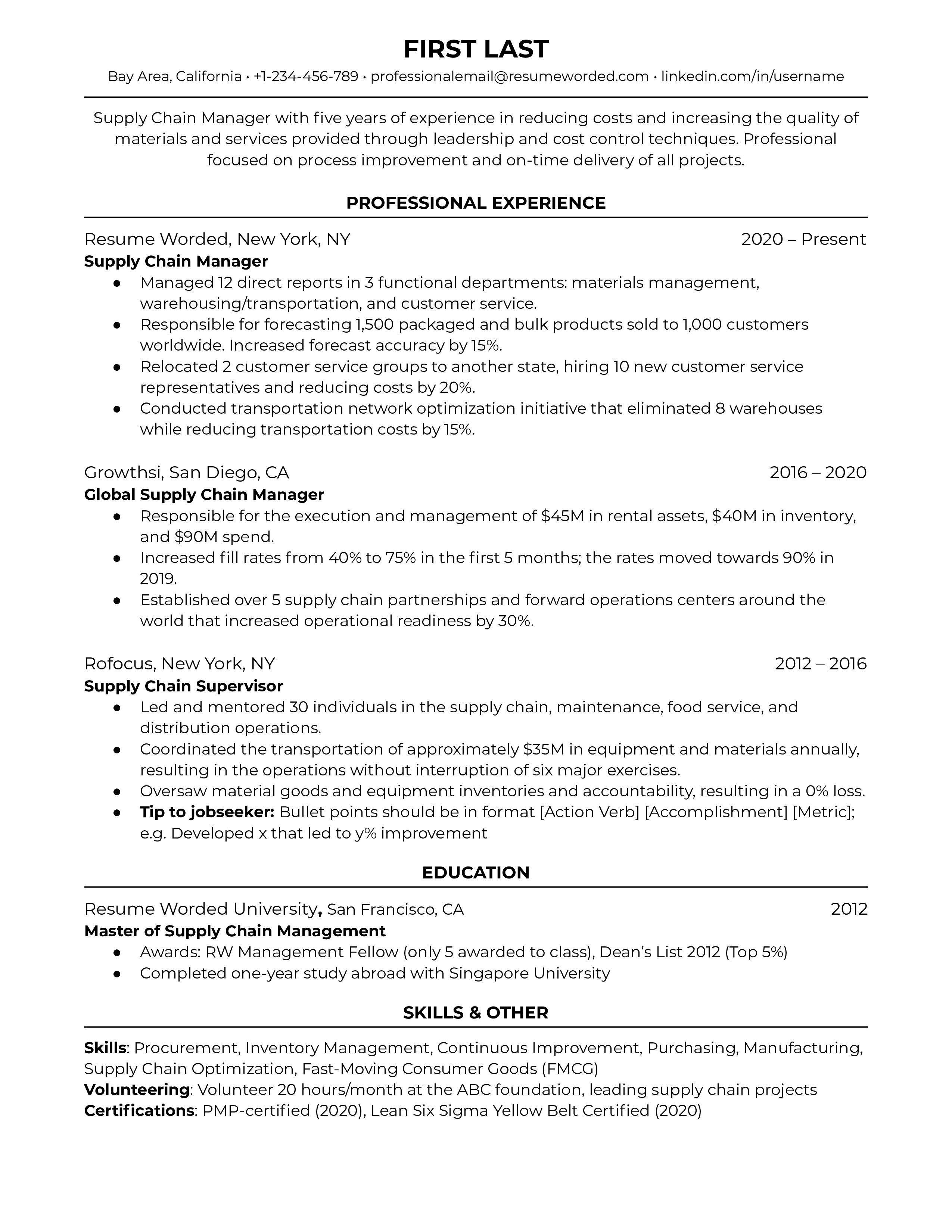 Supply Chain Manager Resume Sample