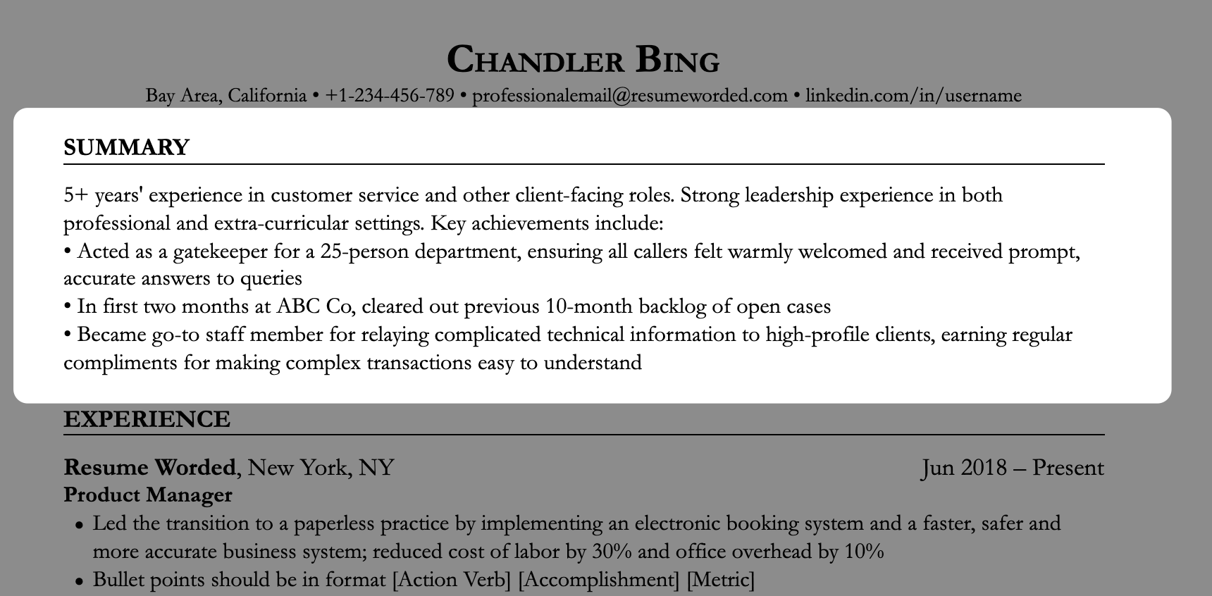 Resume summary example of mid-level customer service employee, highlighting strong accomplishments