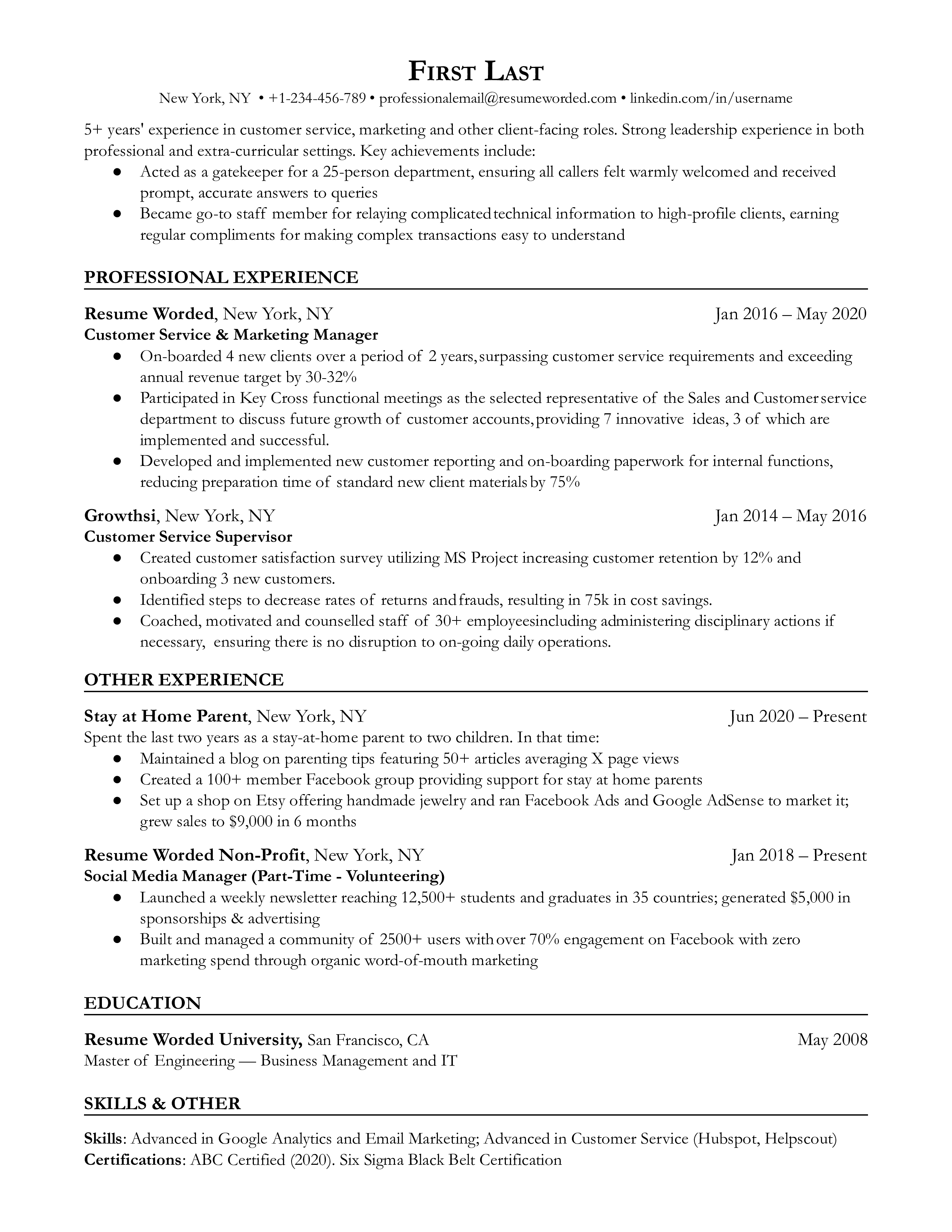 A sample resume template and sample for stay at home moms returning to the workforce in Google Docs, Word or PDF format