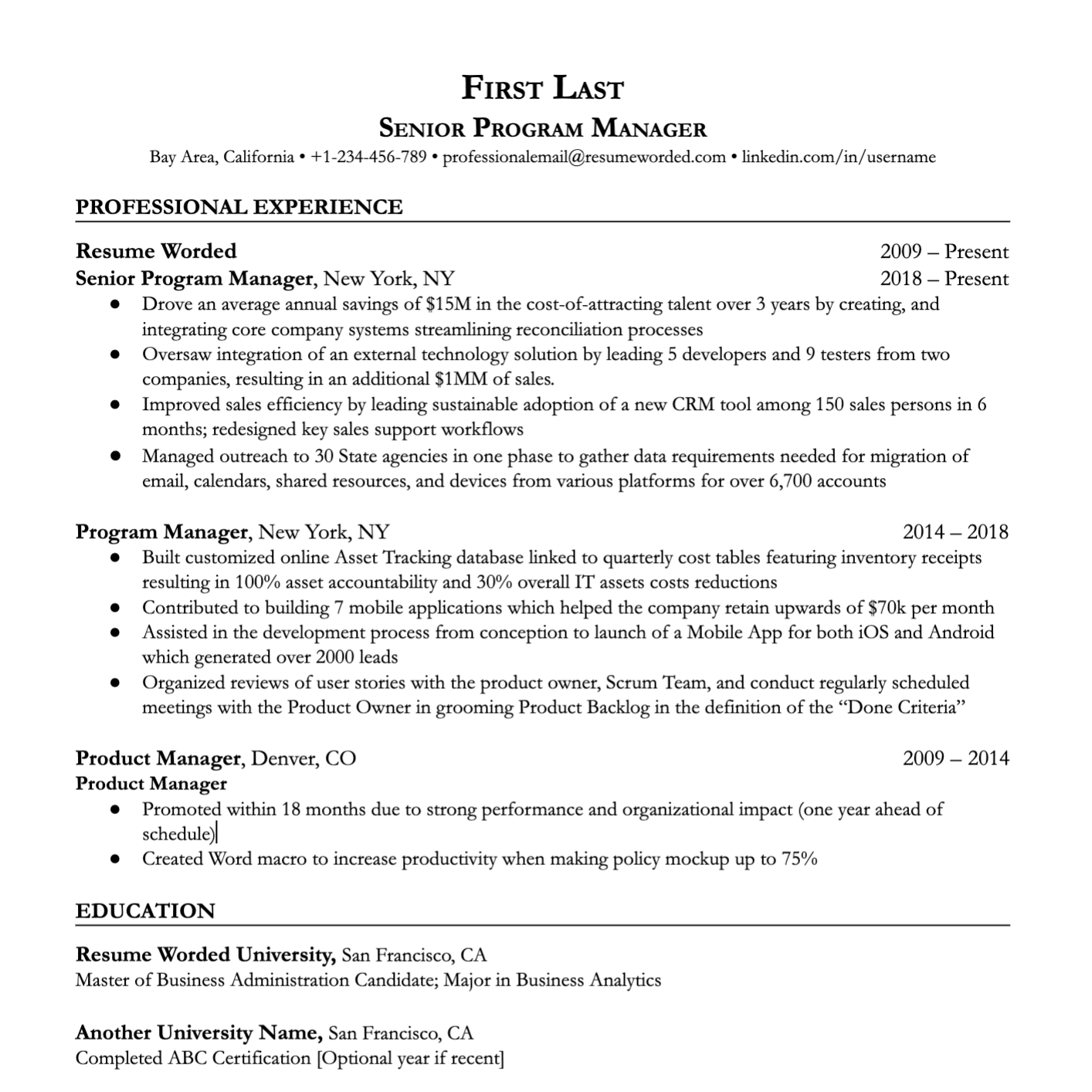 A resume example showing experience at one company throughout a career