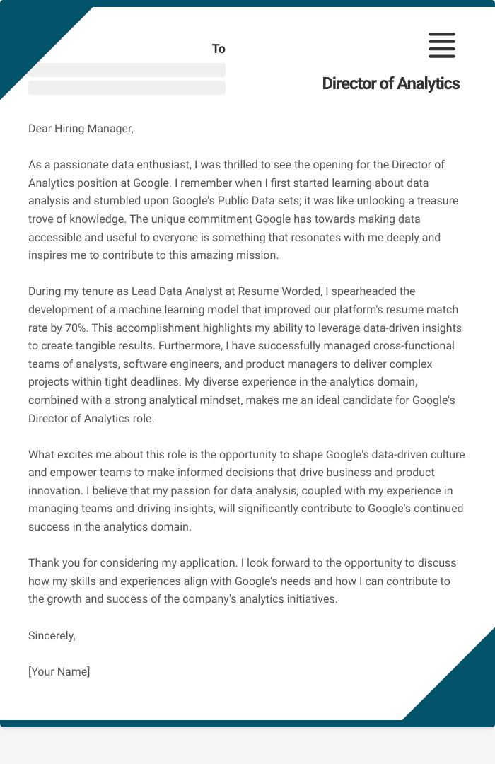 Director of Analytics Cover Letter