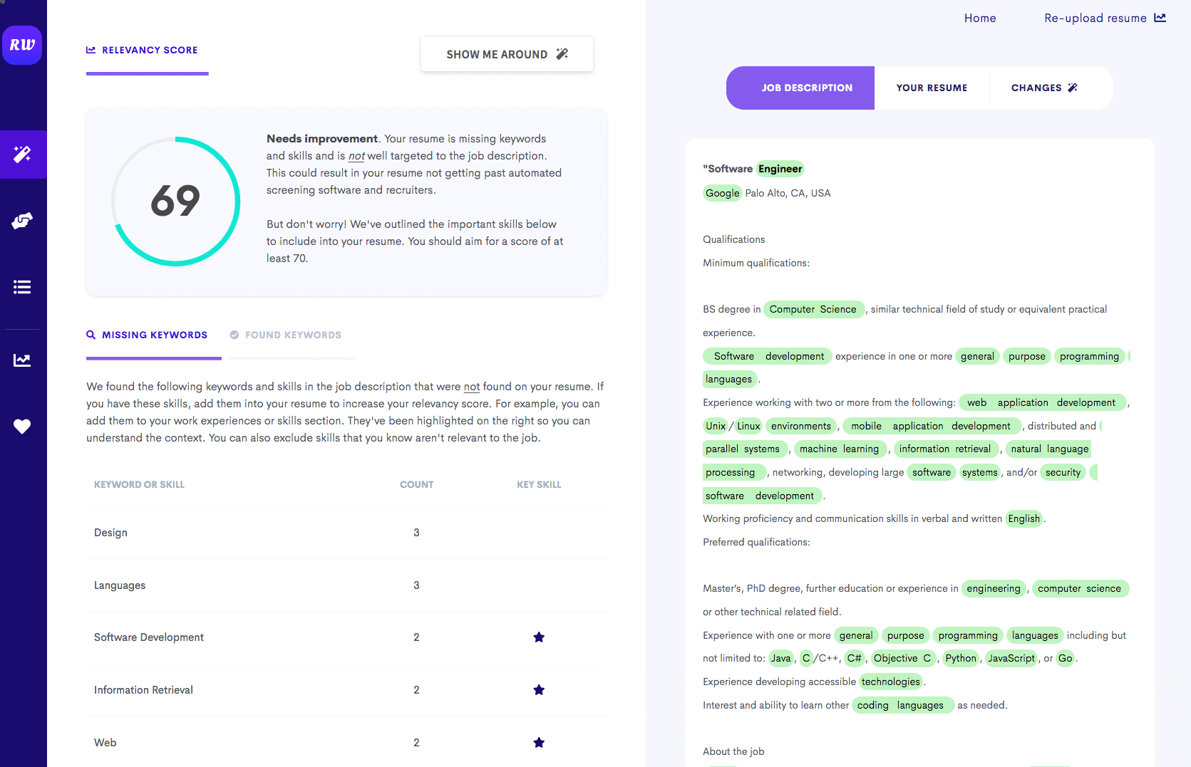 Video of the resume keyword scanner analyzing a job description and scanning a resume