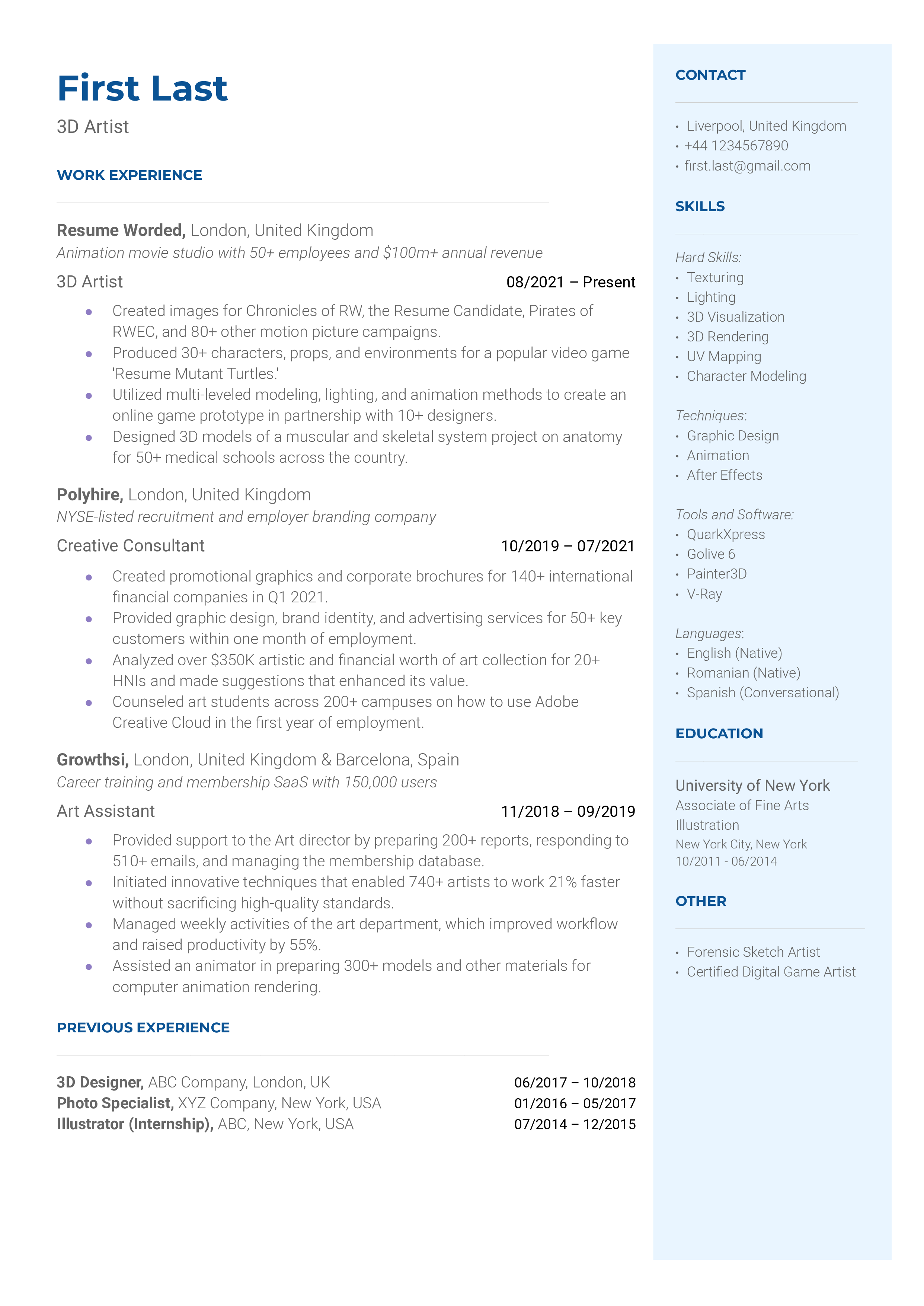 7 3D Artist Resume Examples for 2024 | Resume Worded