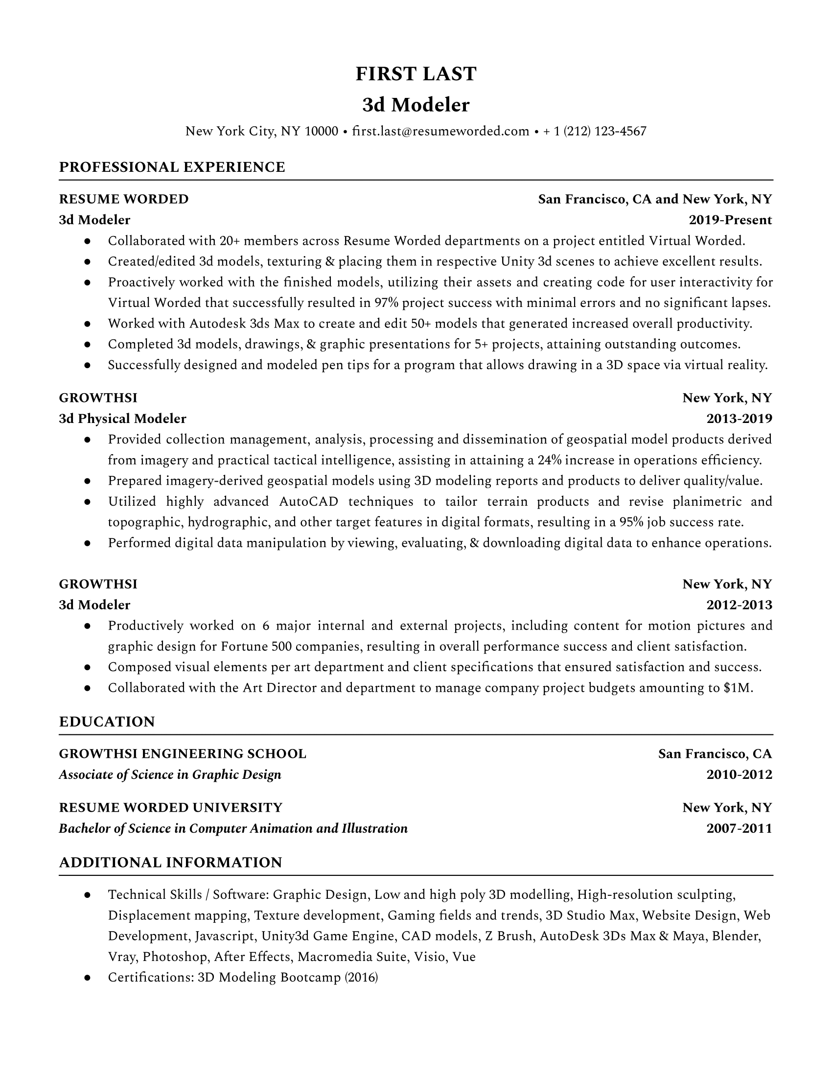 3D Modeler Resume Example For 2022 Resume Worded