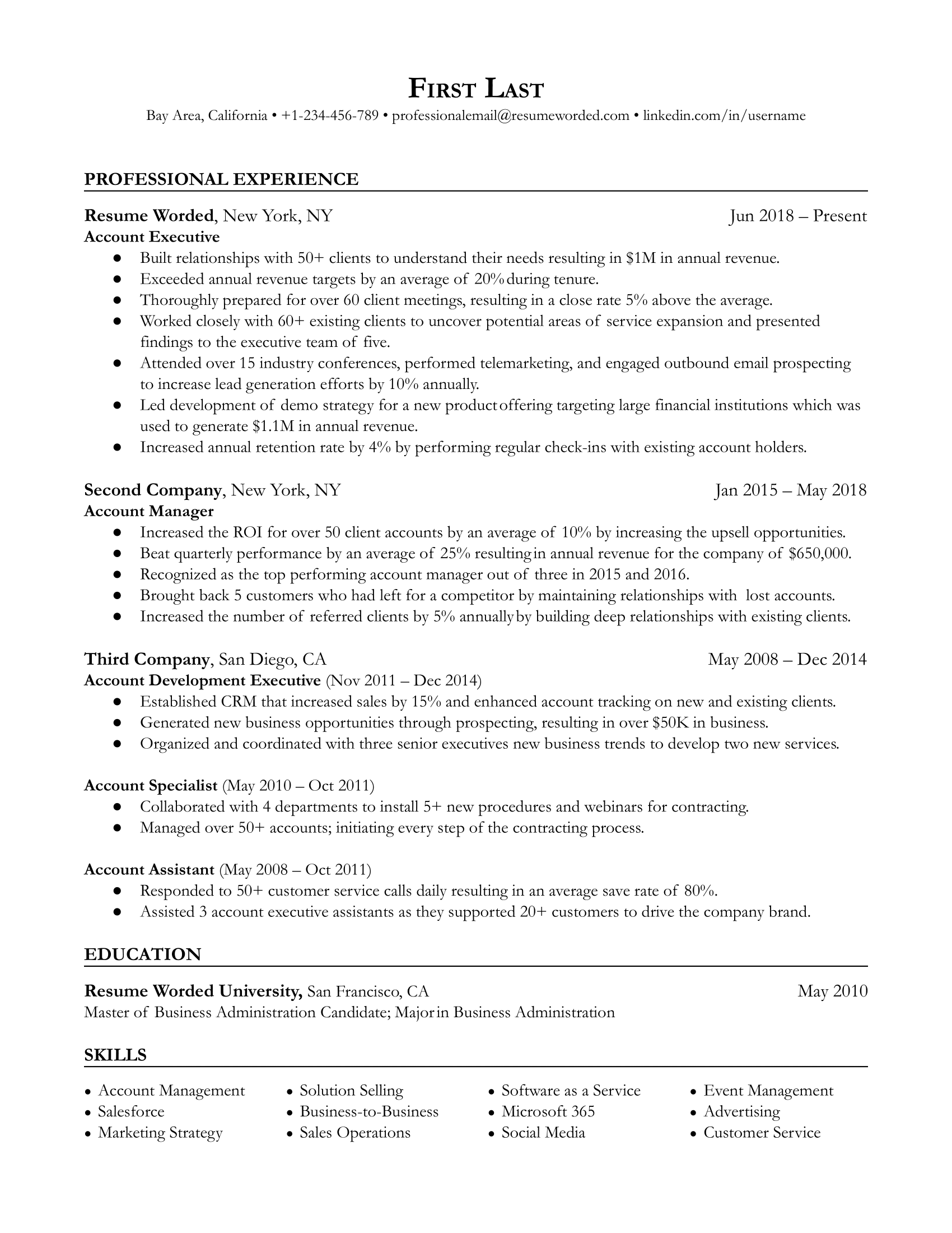 Account executive resume sample template showcasing relevant skills and career growth