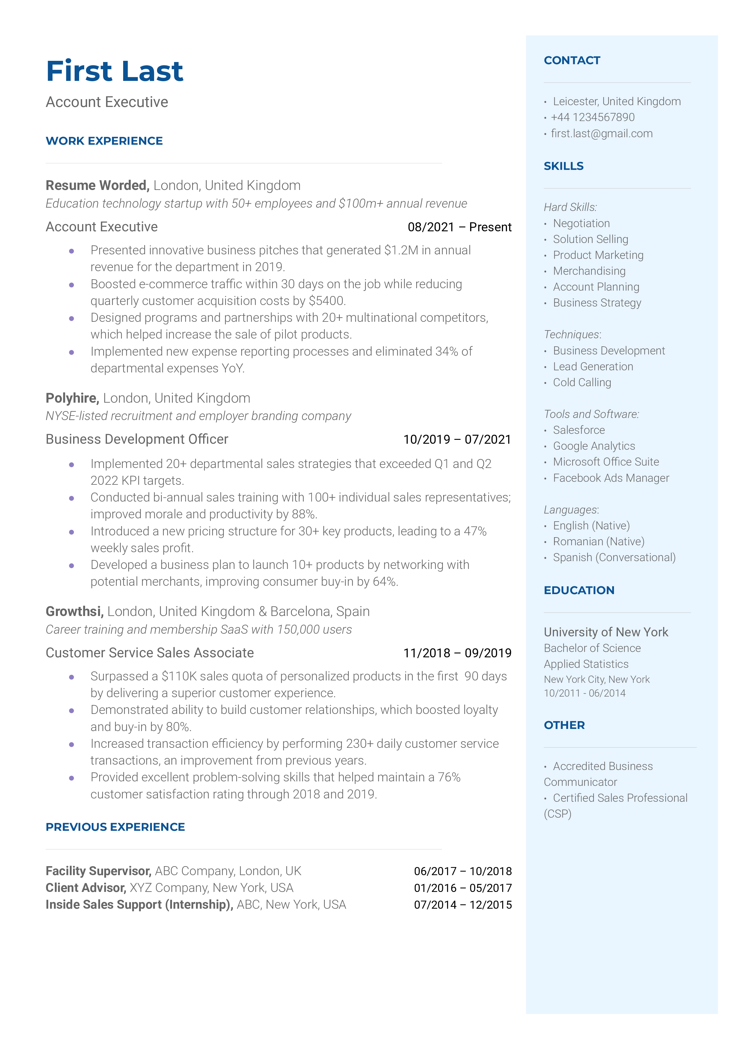 An Account Executive resume highlighting experience in developing relationships with clients, identifying business opportunities, and meeting sales targets