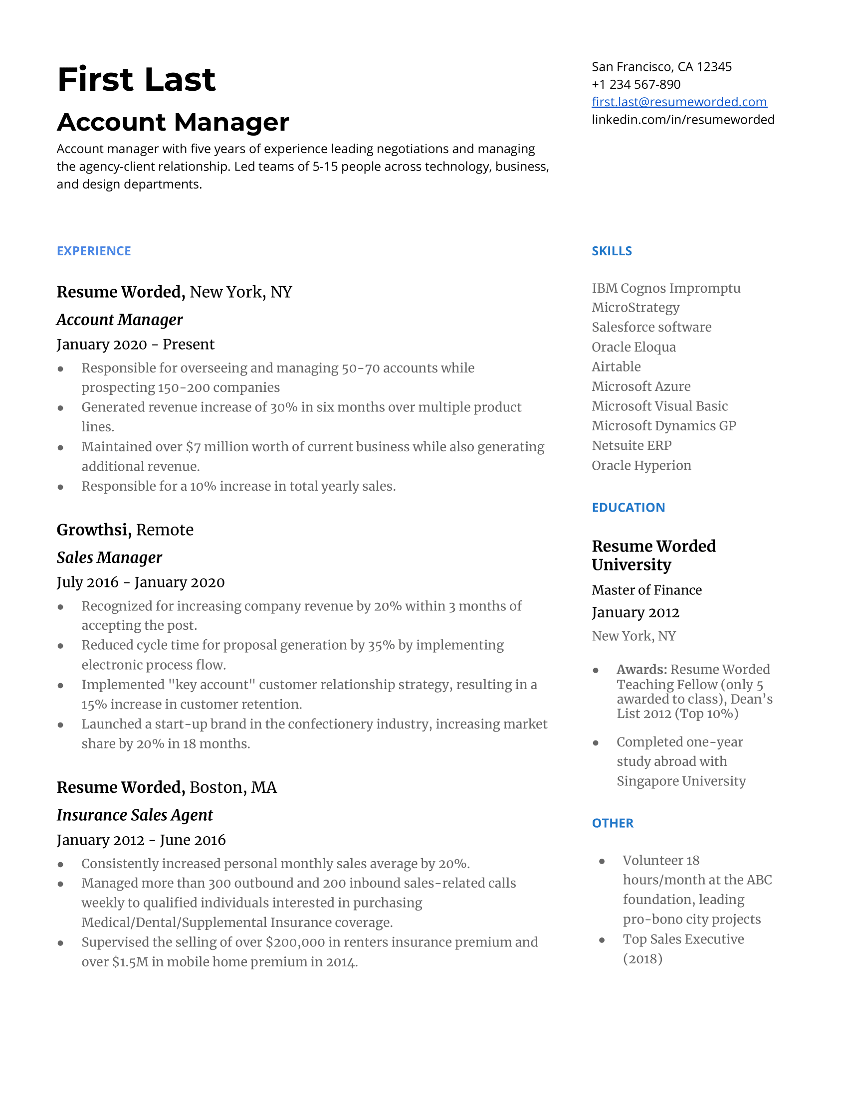 A well-written CV focusing on relationship-building and data proficiency for an Account Manager role.
