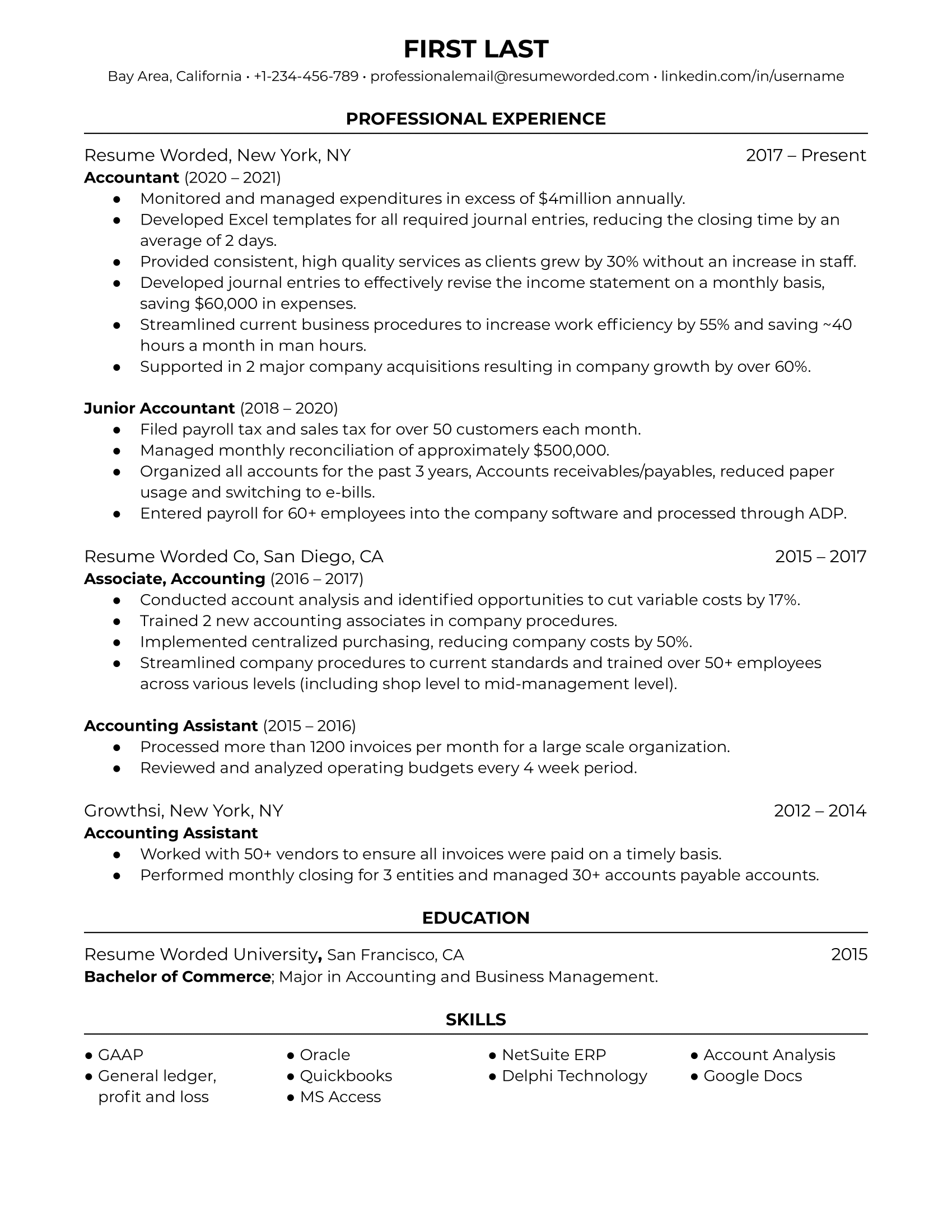 An accountant resume template using metrics to highlight achievements.