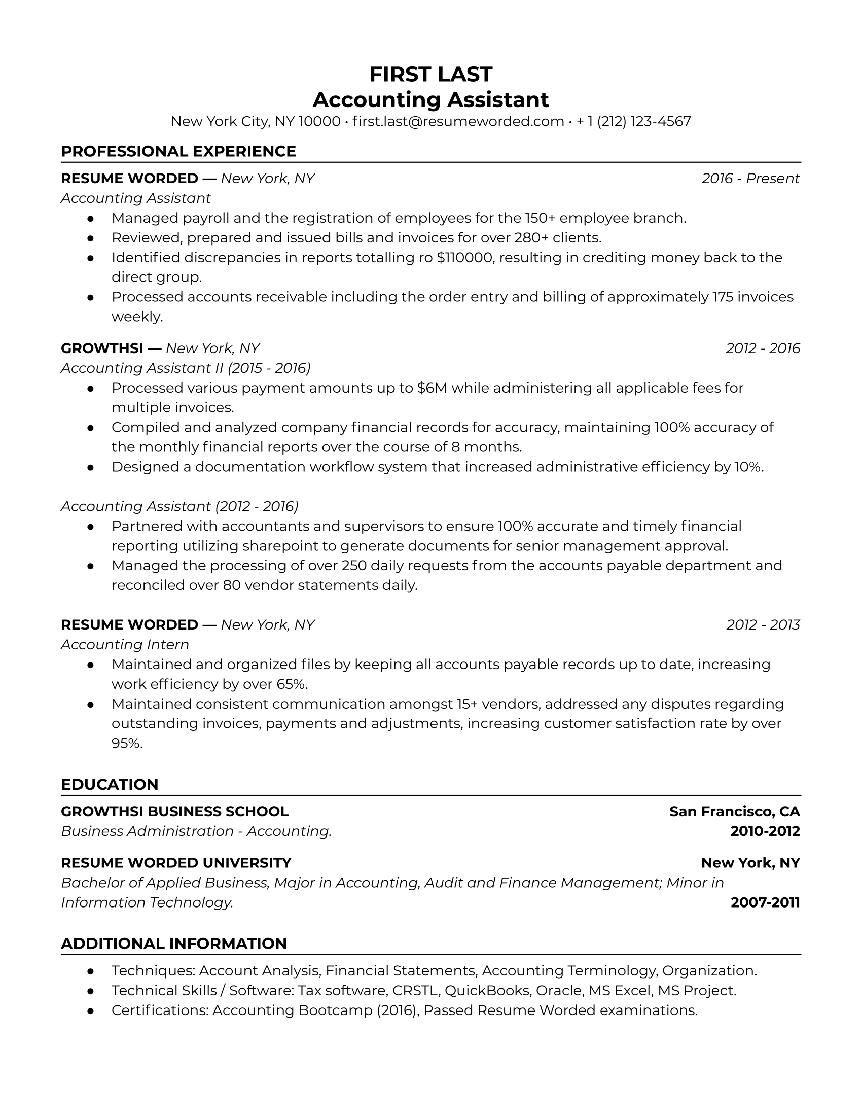 Accounting assistant resume focused on specific position with educational history
