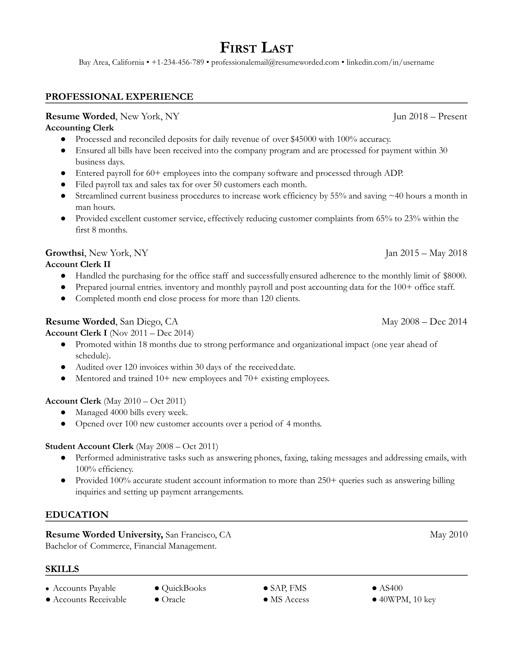 Accounting clerk resume with relevant work experience and strong action verbs