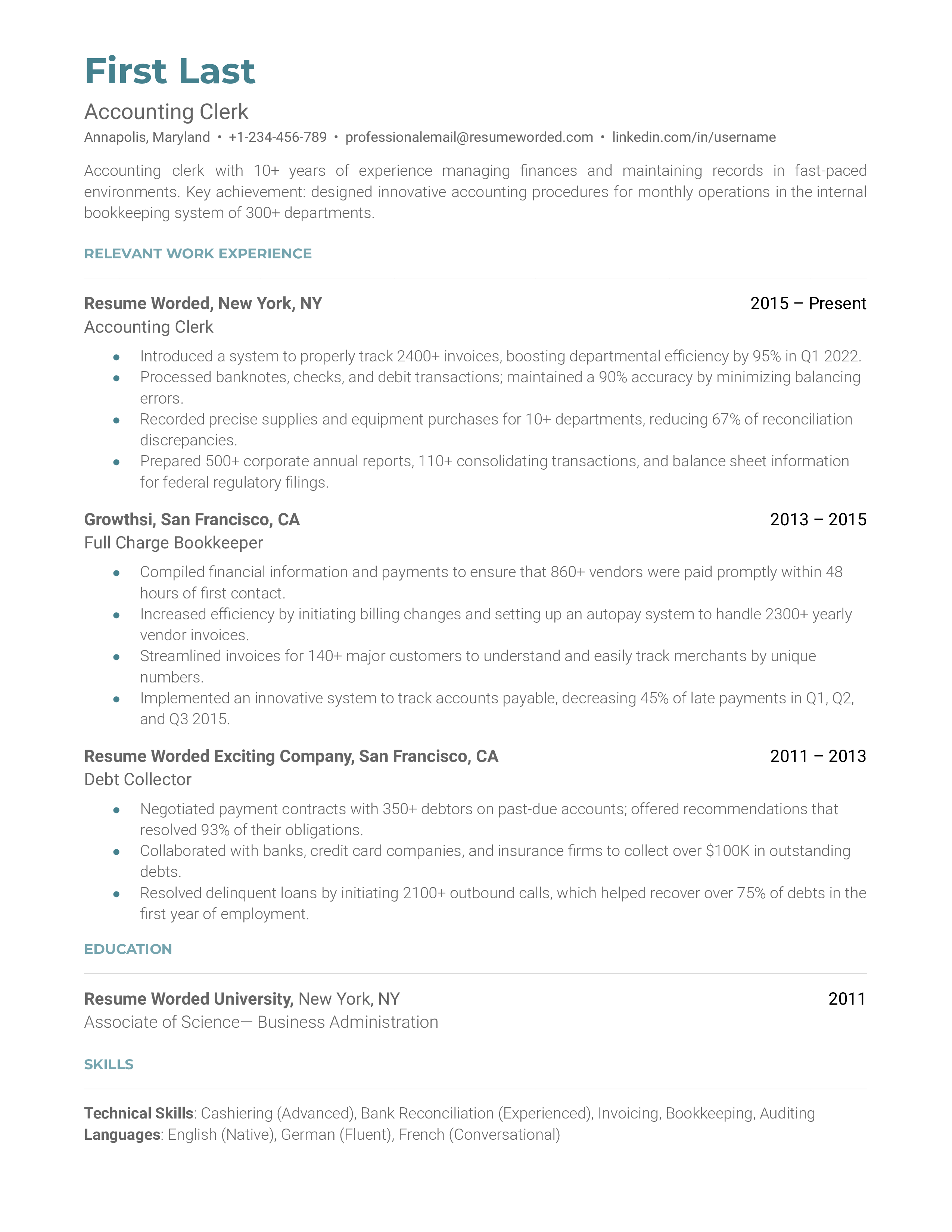 A resume for a accounting clerk with a bachelor's degree in financial management and previous experience as an account clerk.