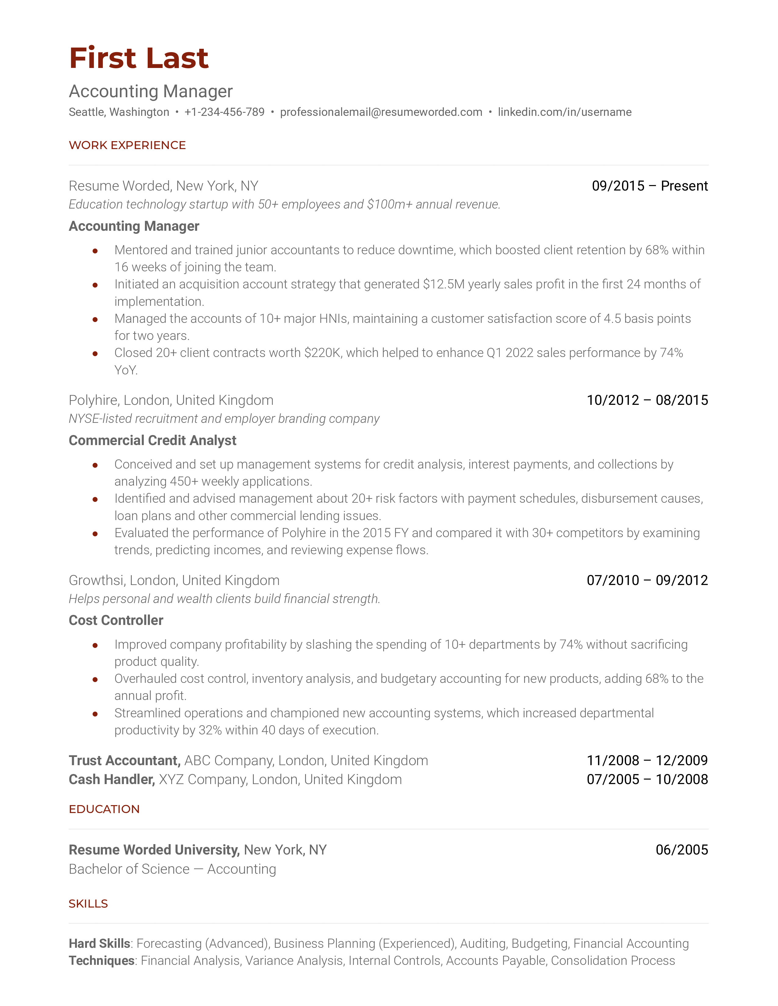 An accounting manager resume template prioritizing technical skills.