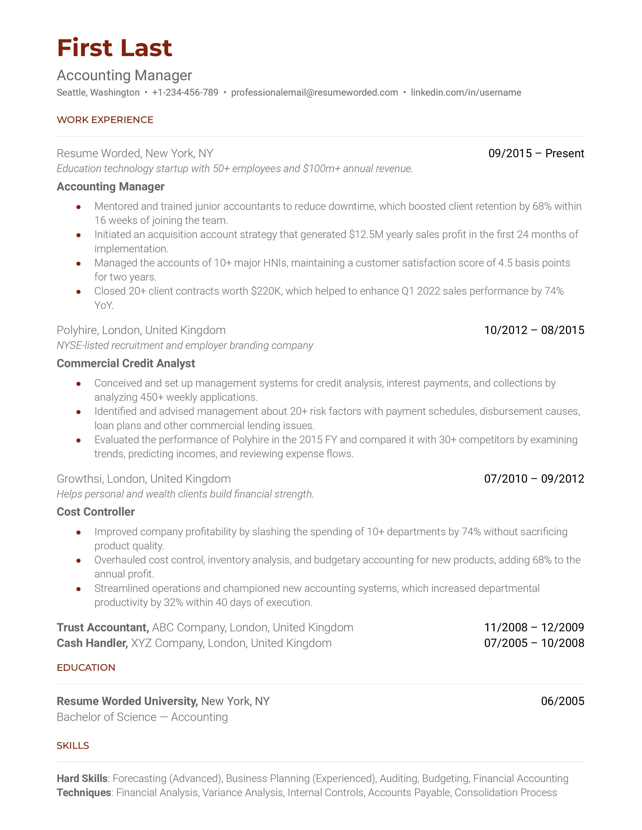 Manager Accountant Resume Sample