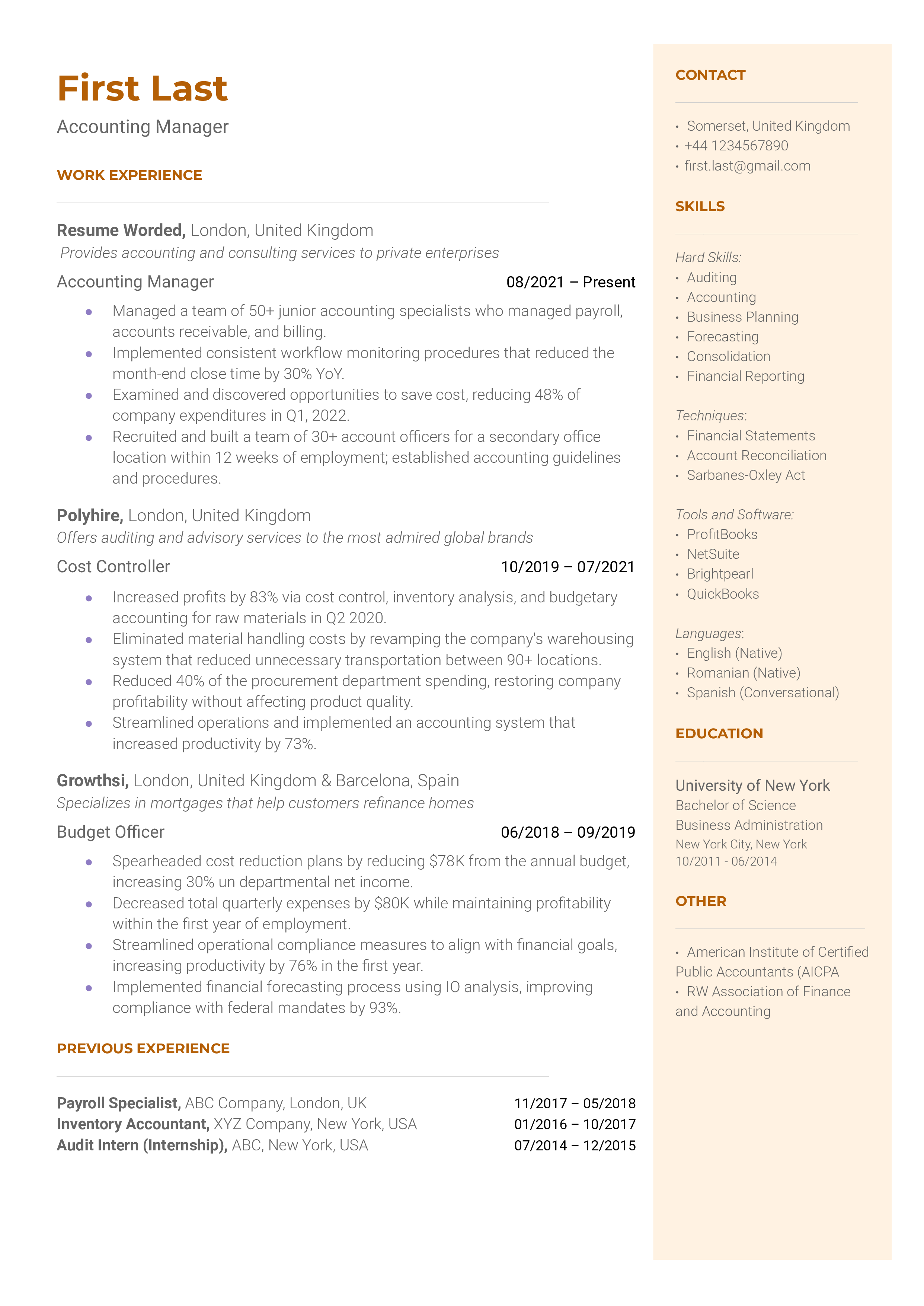 A CV of a potential Accounting Manager highlighting managerial skills and technological proficiency.