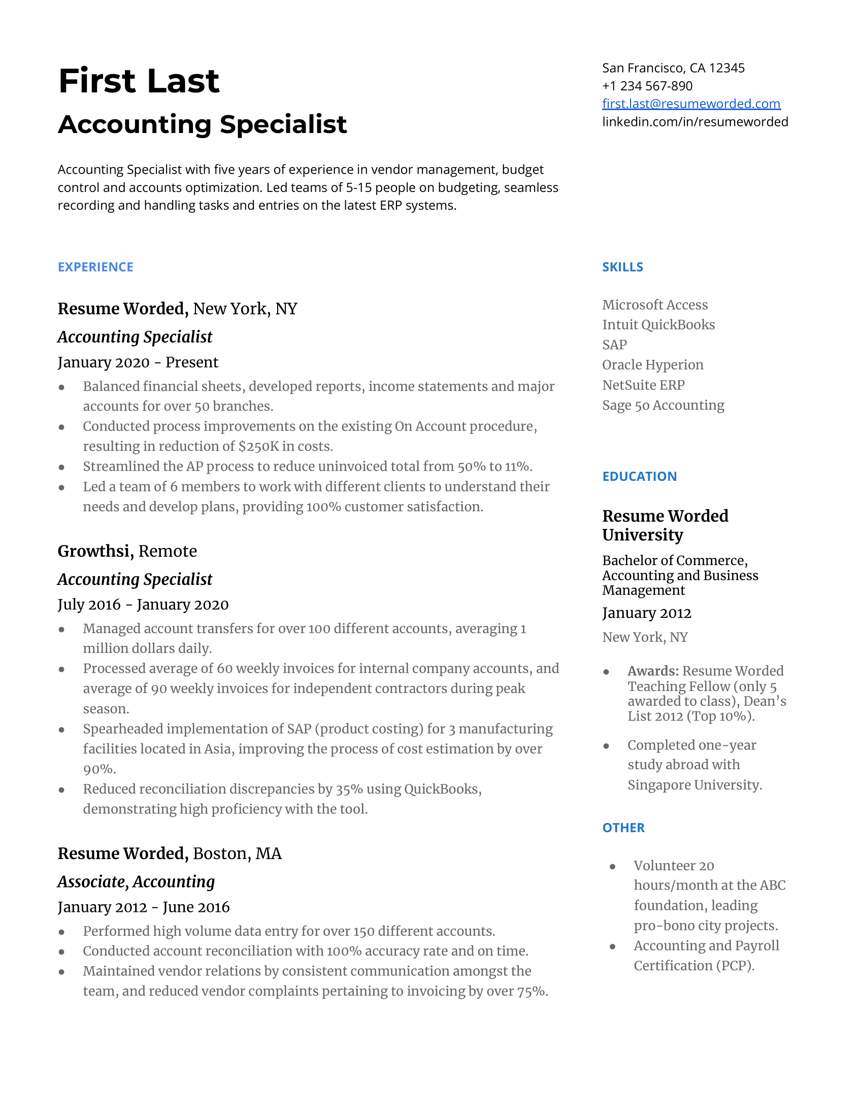 Accounting Specialist Resume Template + Example