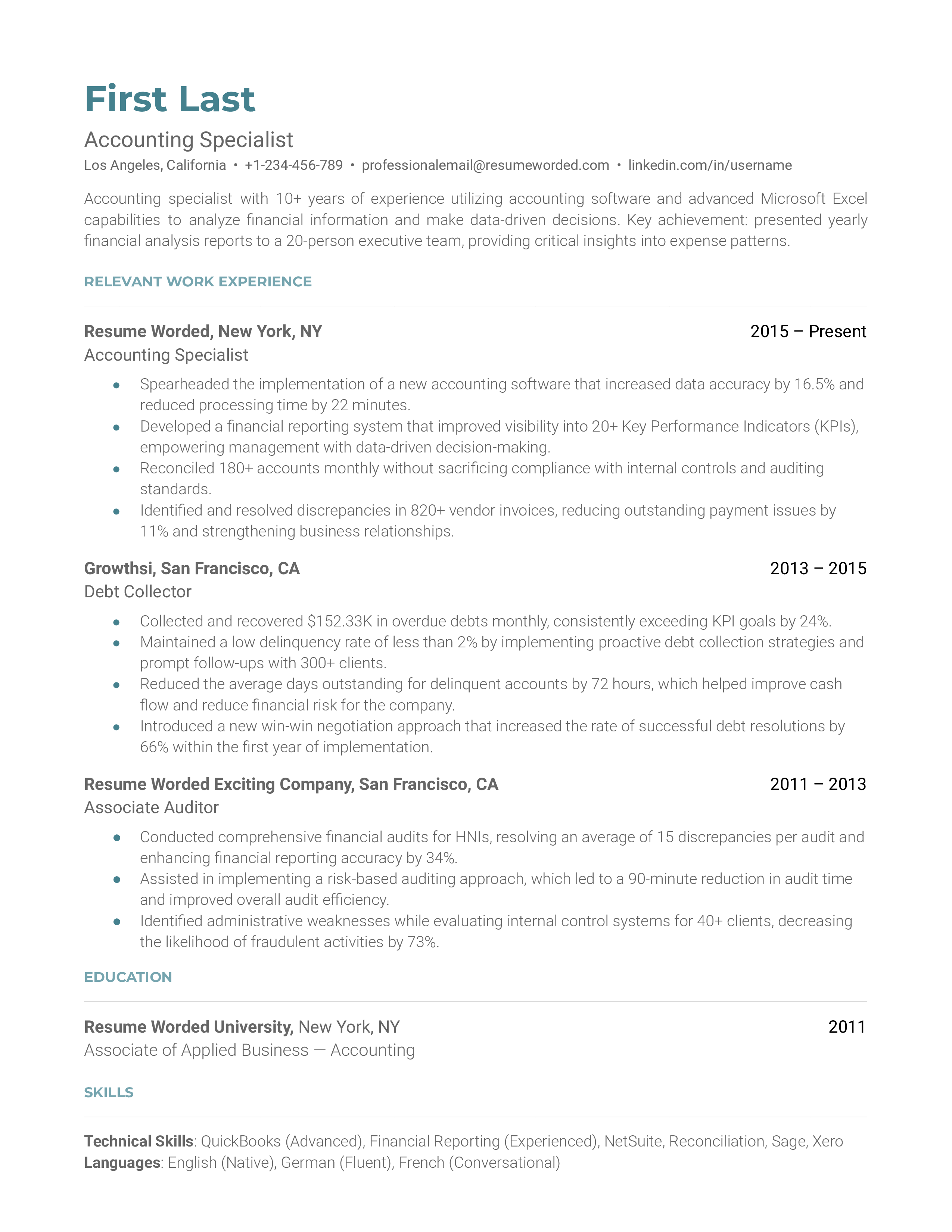 An example of a well-structured resume for an Accounting Specialist role.