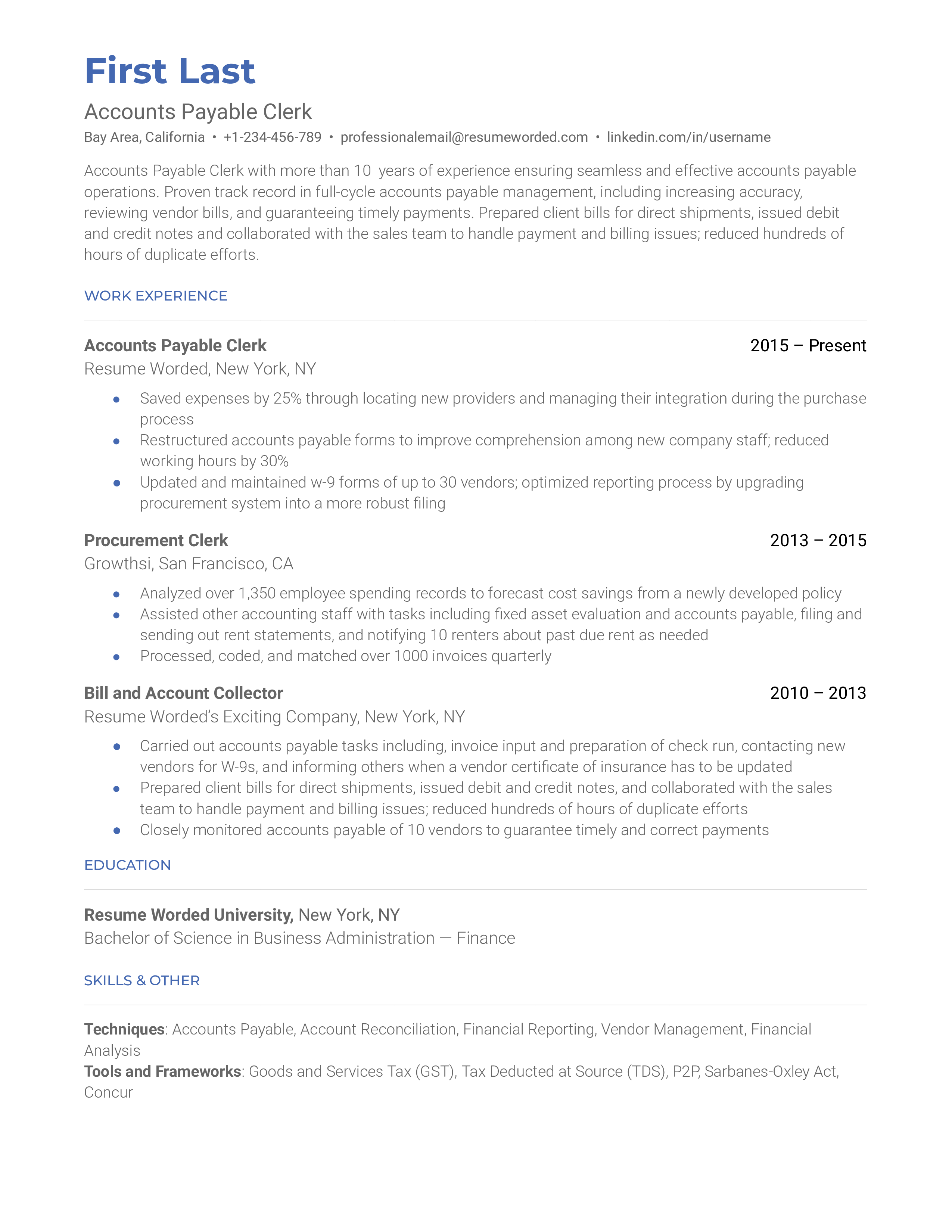 Accounts Payable Clerk Resume Sample