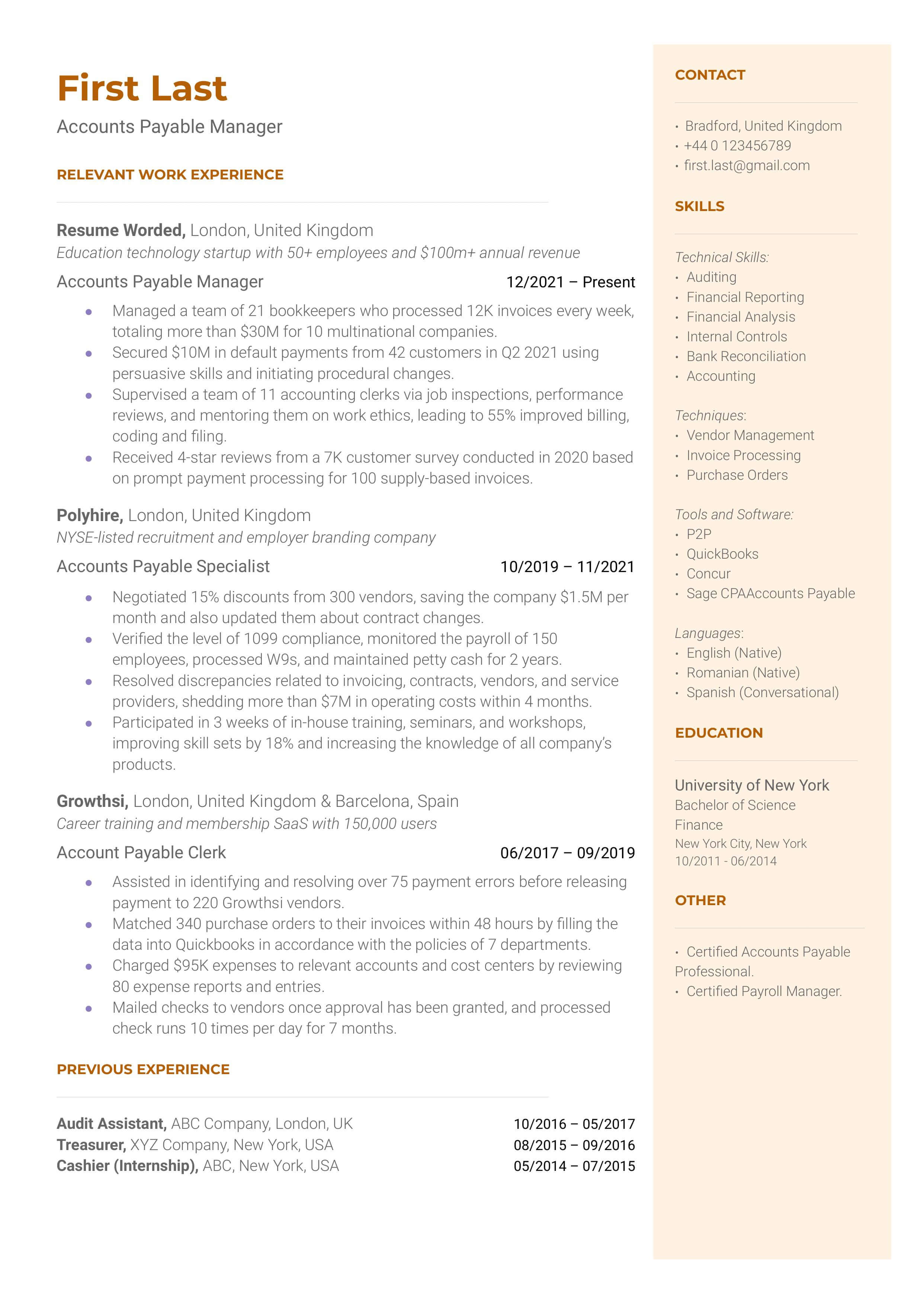 View this example template to make your own accounts payable manager resume that lands you your job.