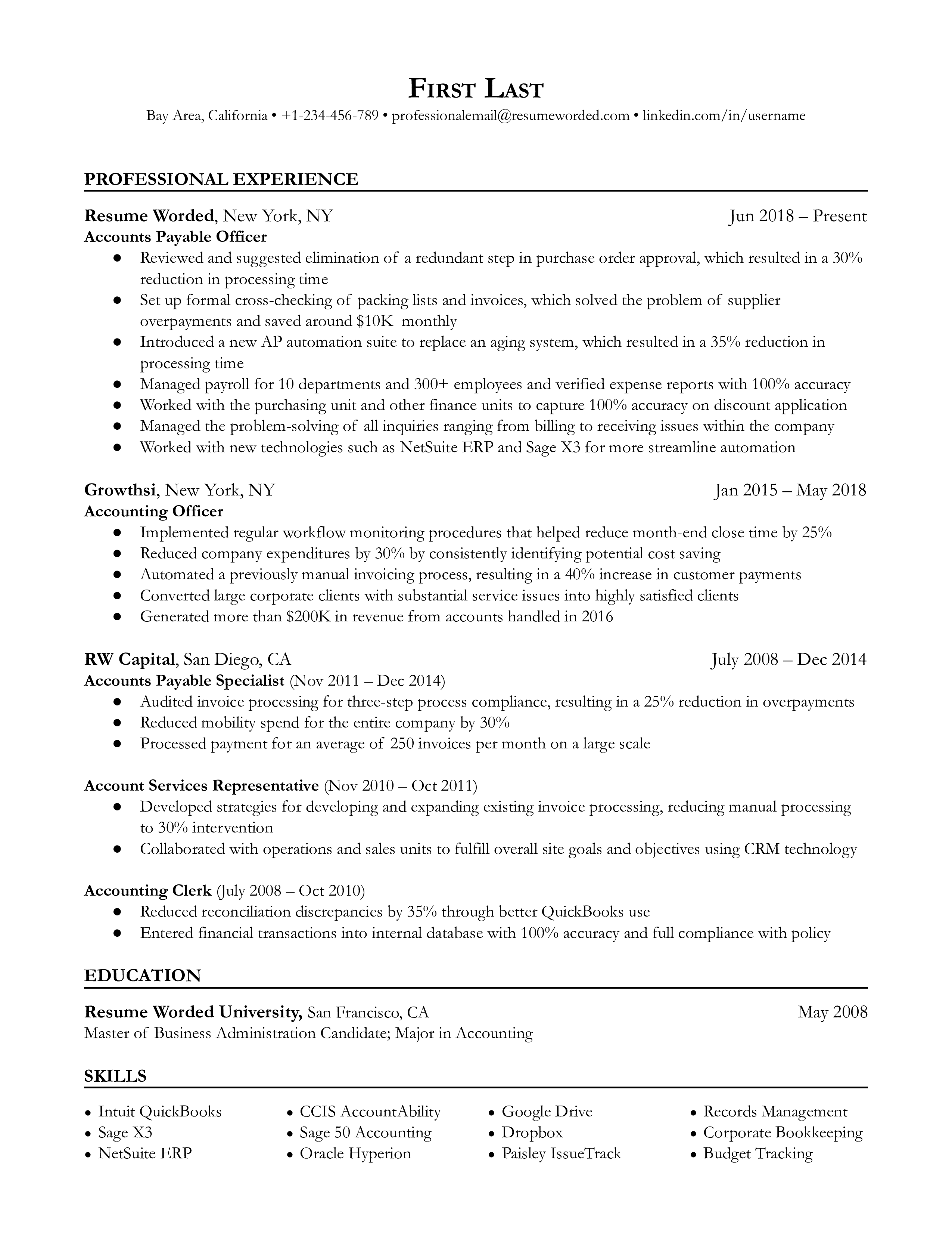An accounts payable officer resume template example is shown which can be used to inspire your own resume in the career.