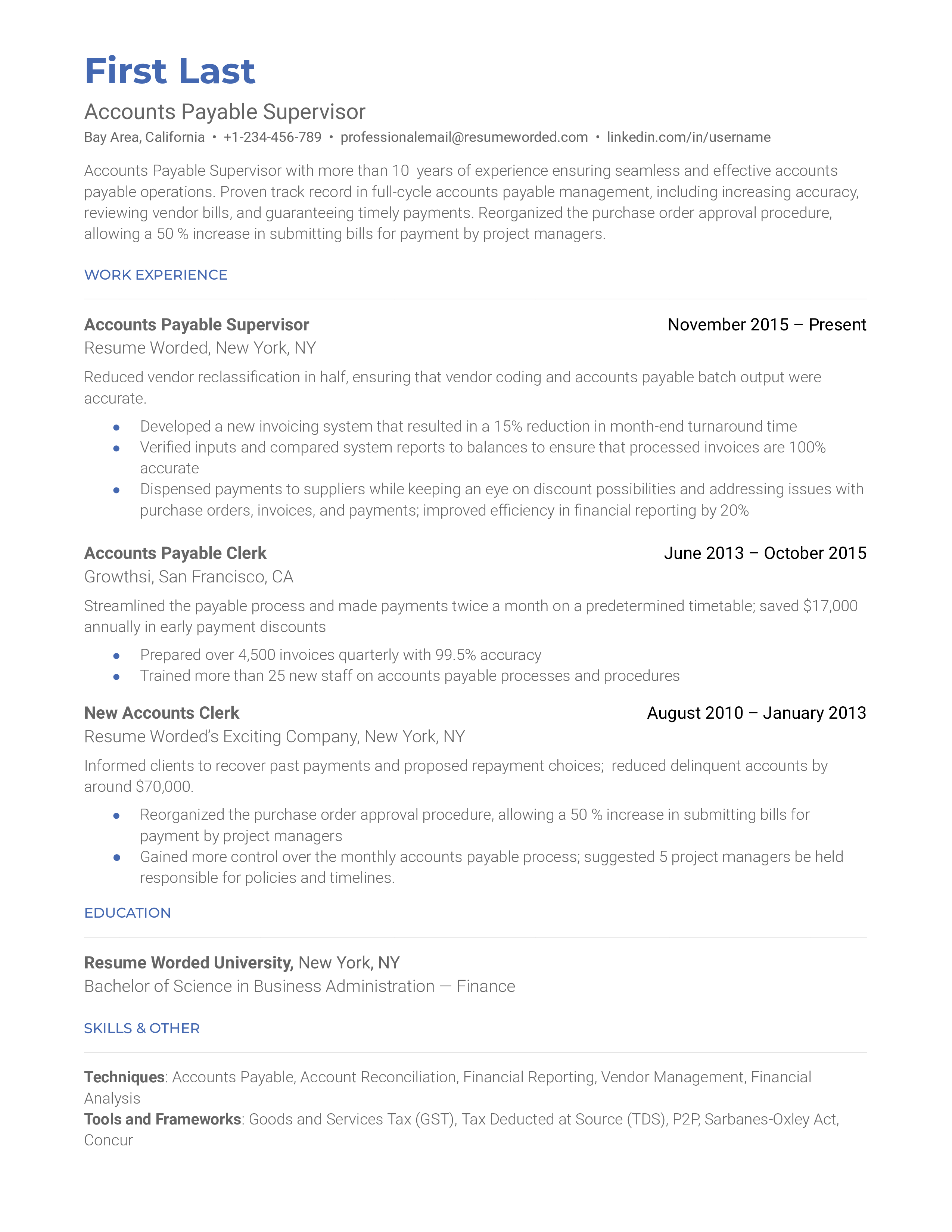 A CV for an Accounts Payable Supervisor role showcasing leadership and technological proficiency.