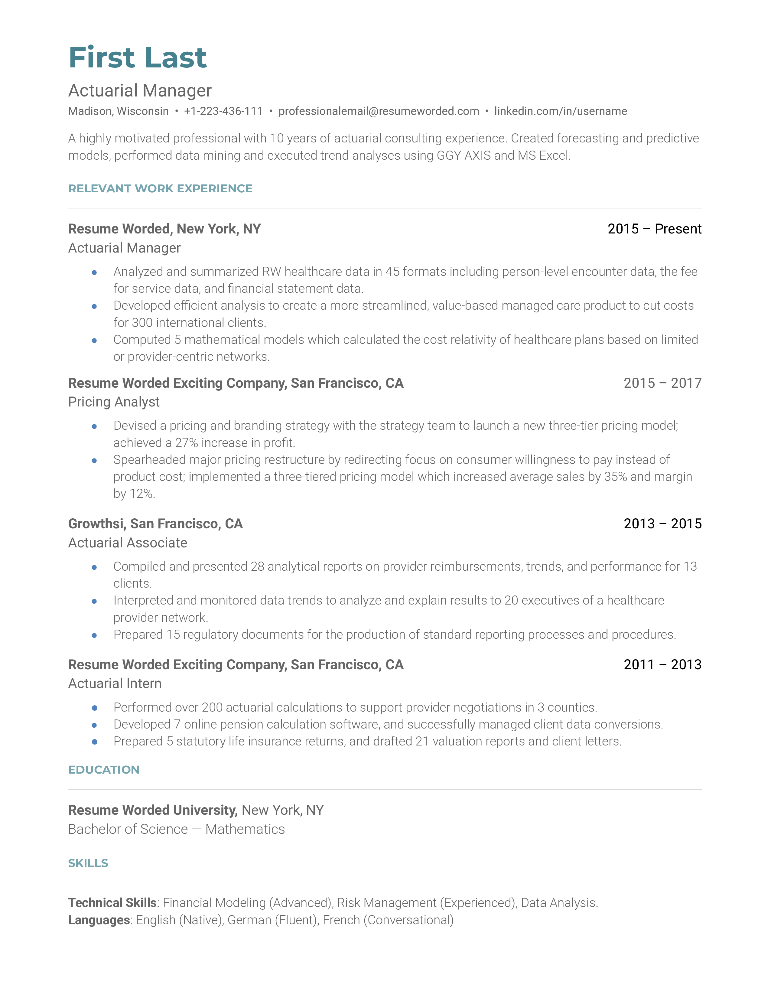 An actuarial manager resume template that shows career progression and highlights communication skills