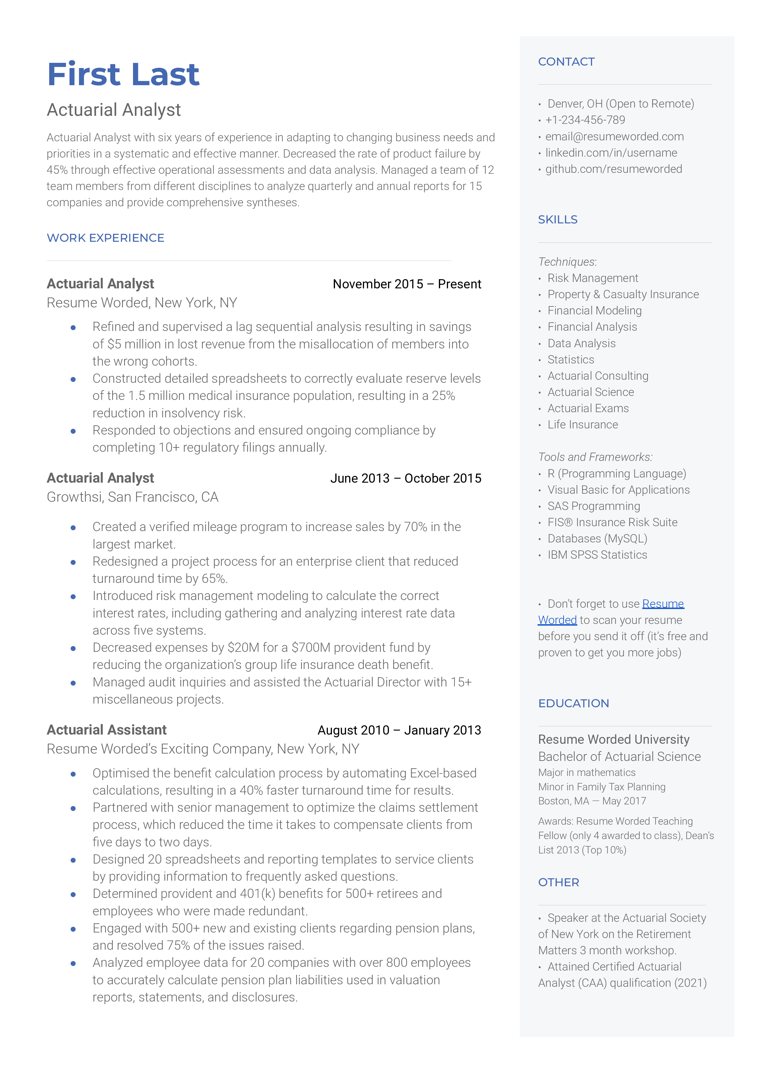 An Actuarial analyst resume sample that highlights the value addition of the applicants work and their certification credentials