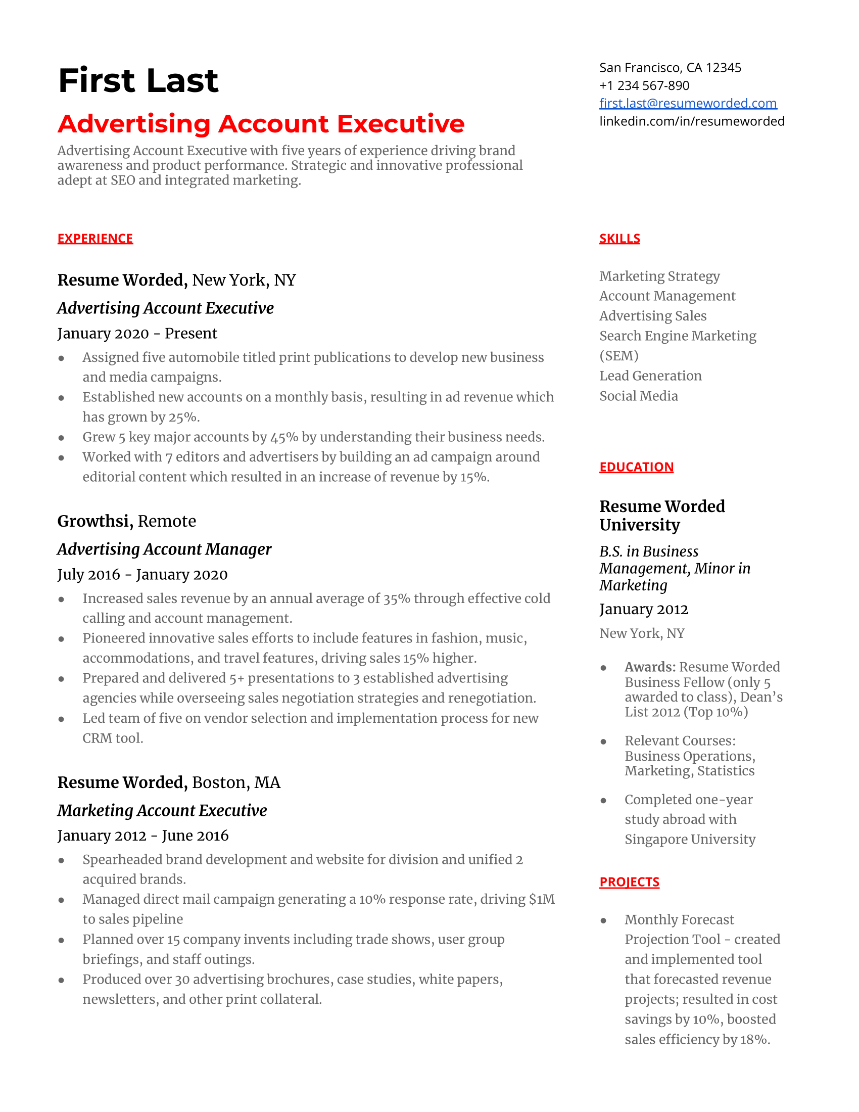 Advertising Account Executive Resume Template + Example