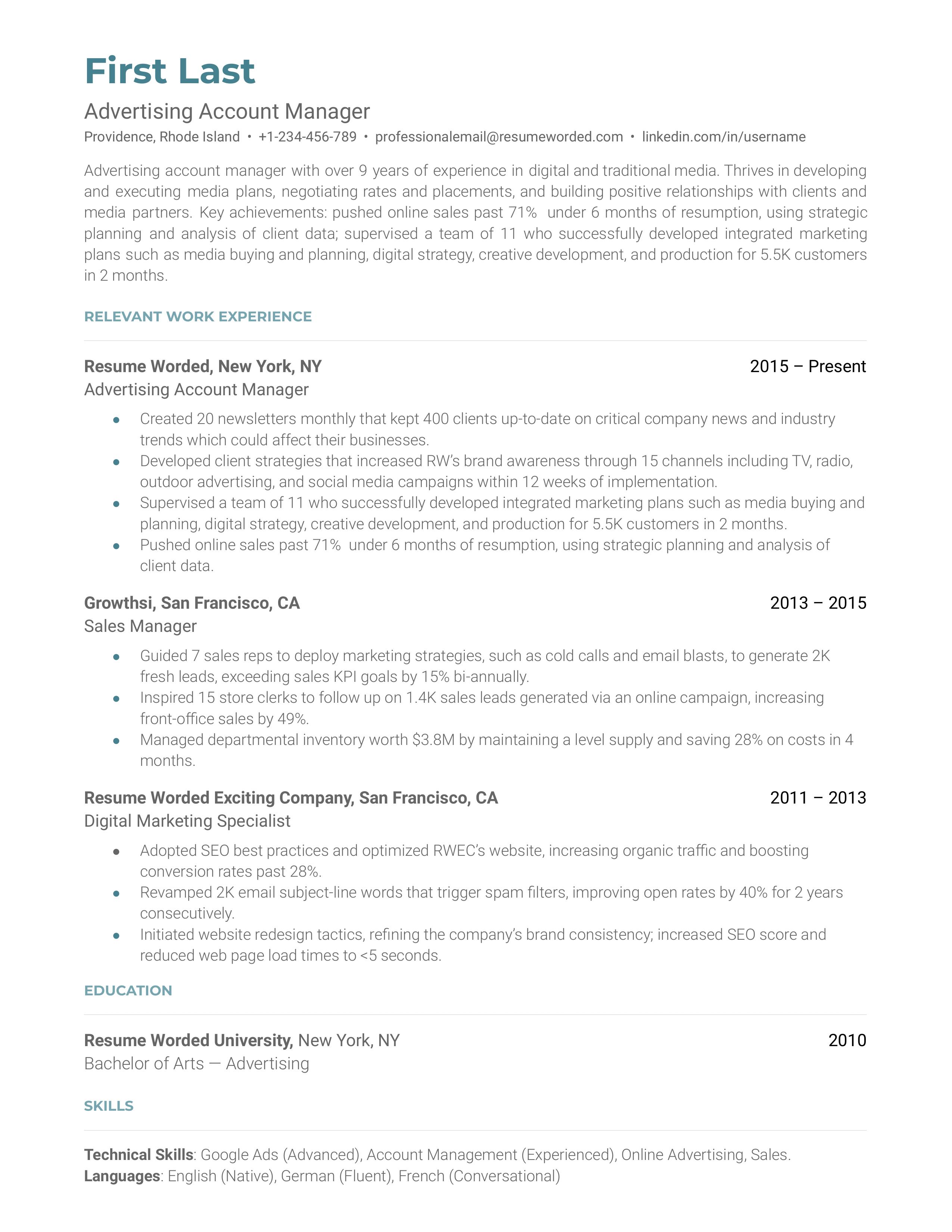 Advertising account manager resume sample that highlights the applicant's experience and skill set.