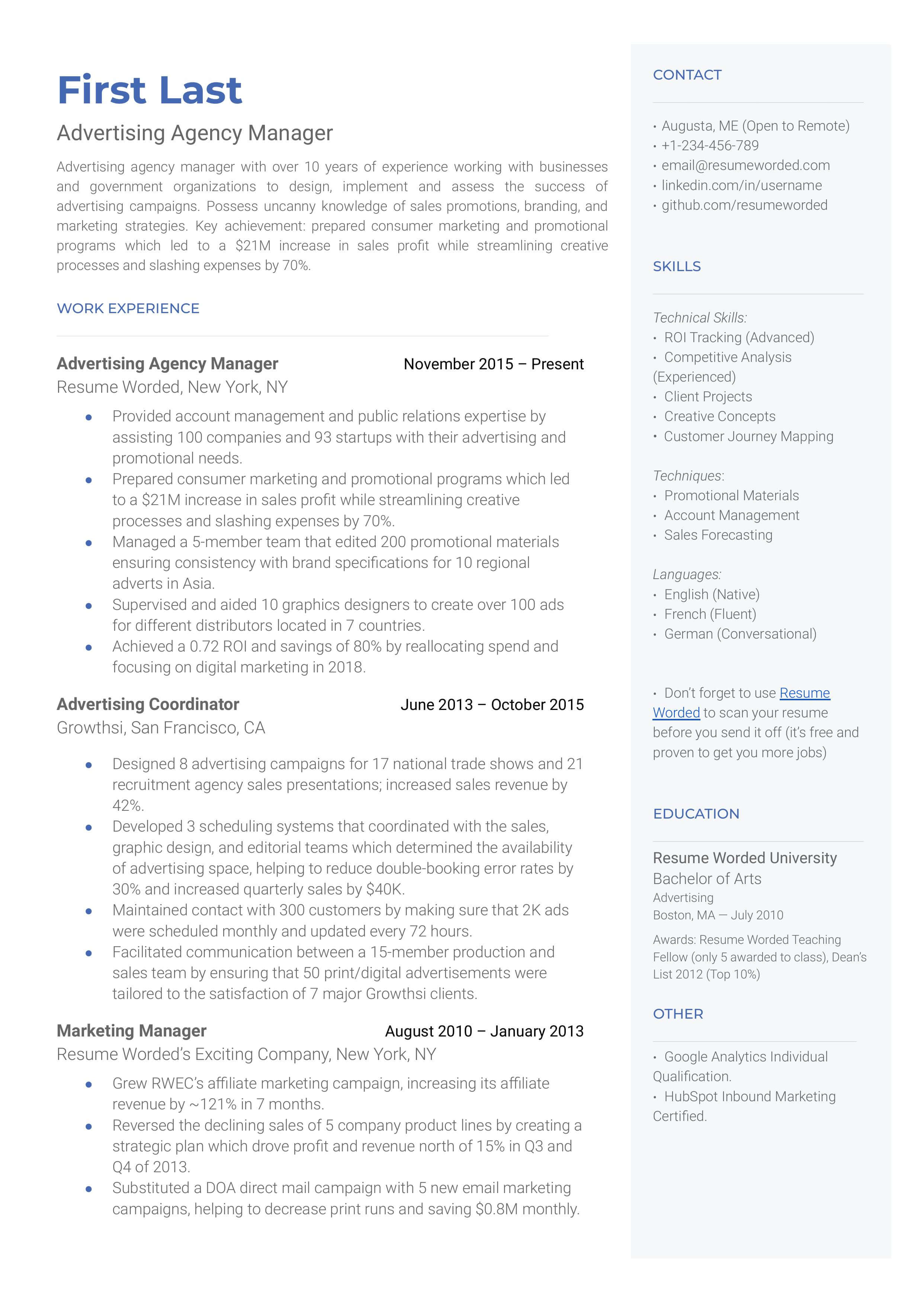Advertising agency manager resume sample that highlights applicant's experience and extensive skill set.