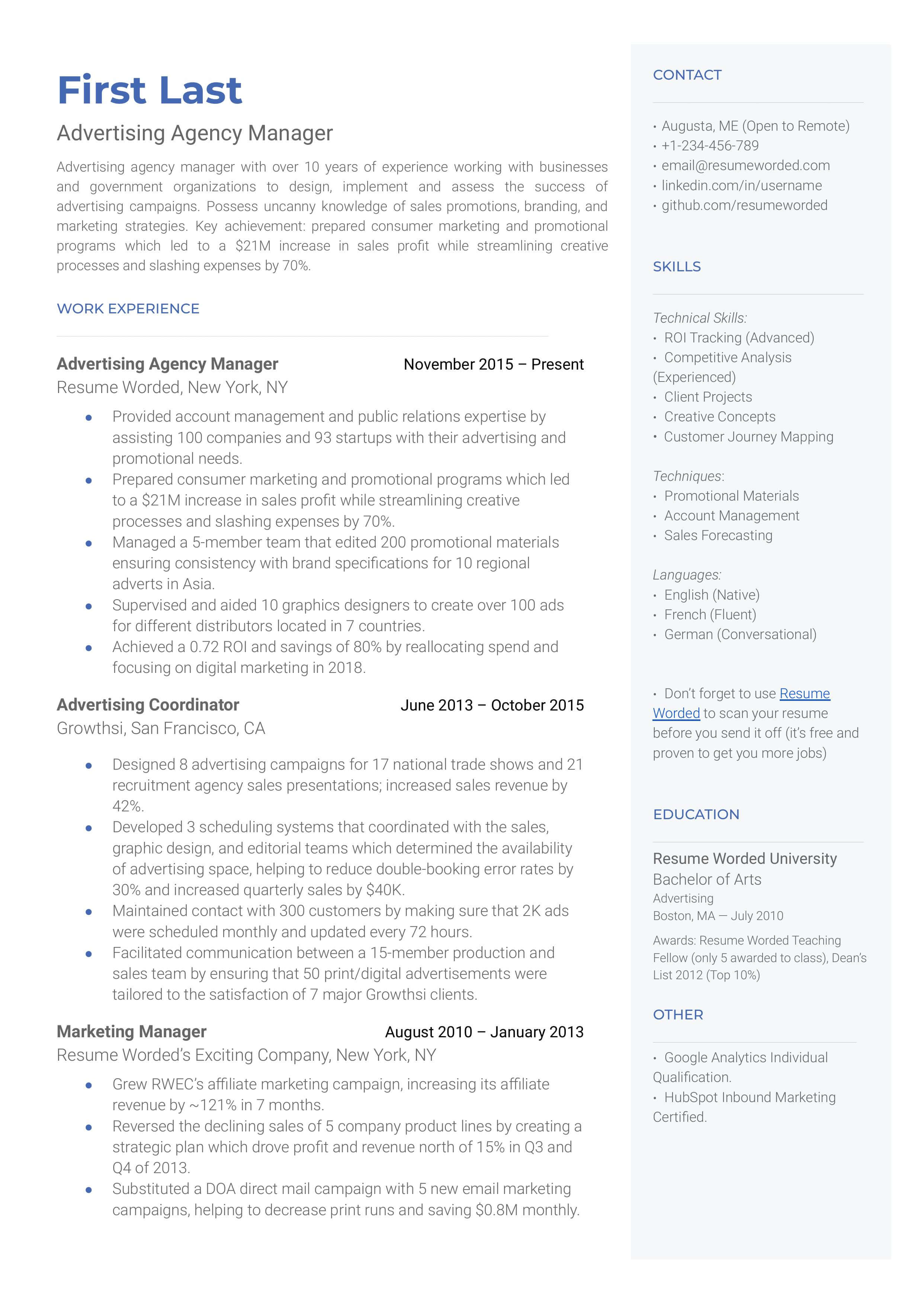 Advertising Agency Manager Resume Examples for 2025 | Resume Worded