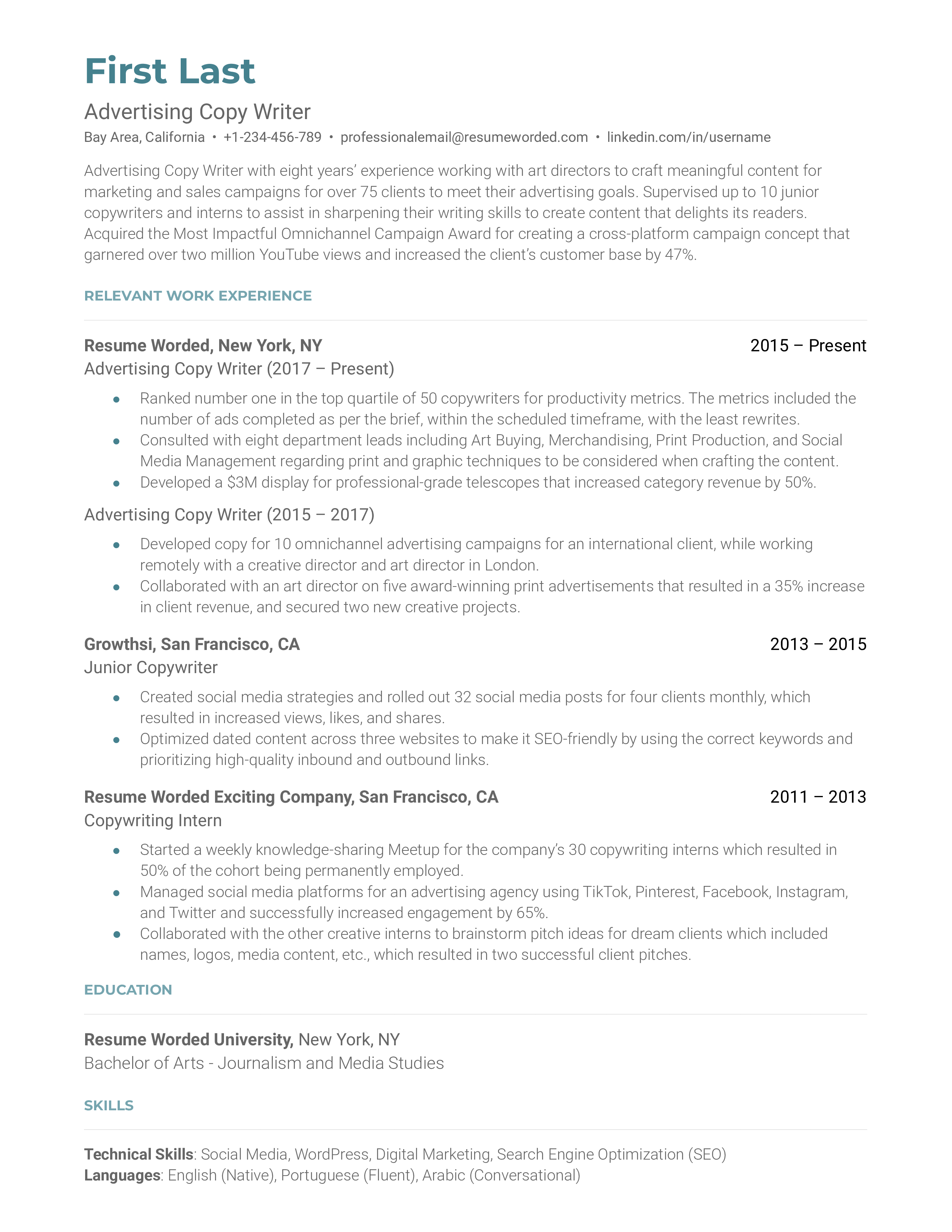 Advertising copywriter resume sample with highlights applicant's recognized work and expertise in marketing.