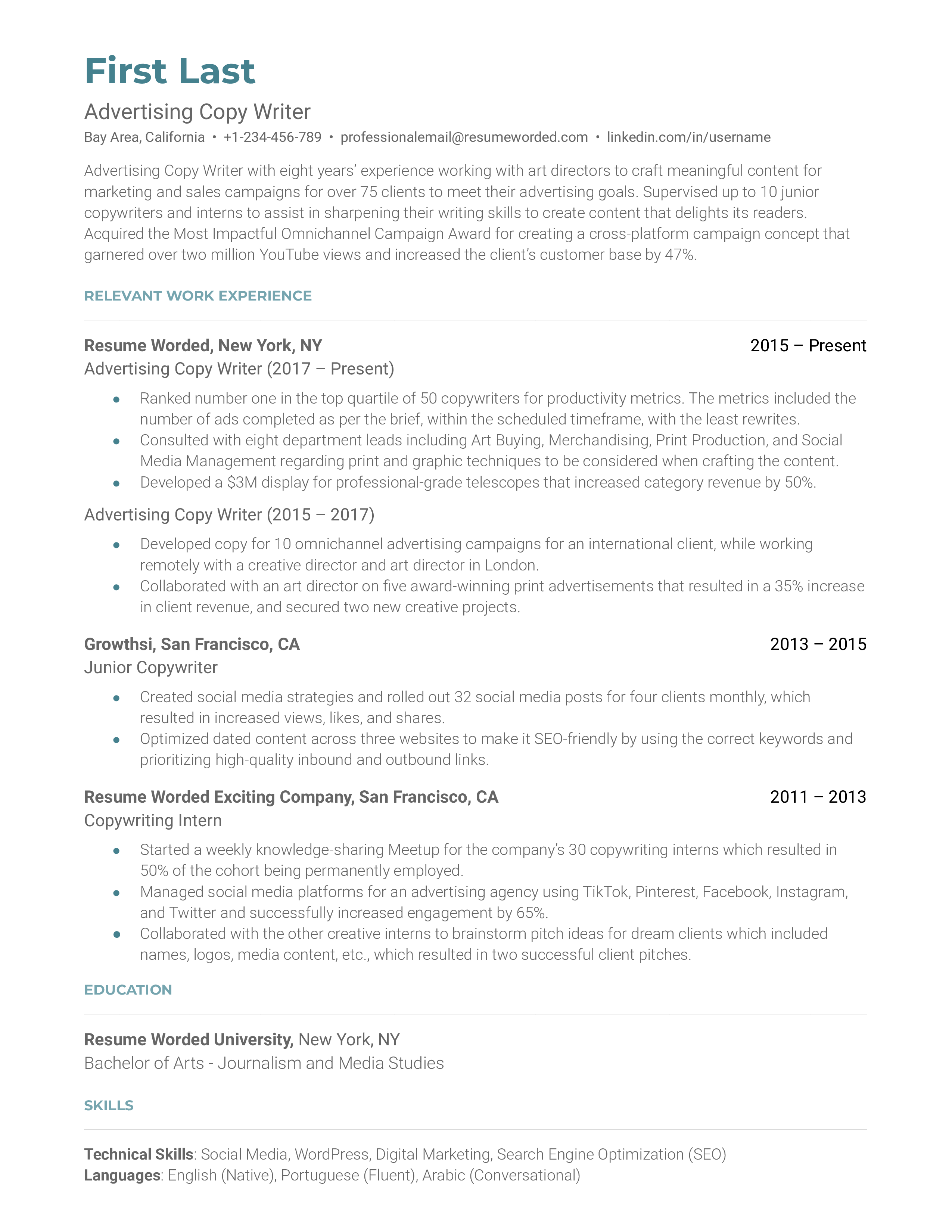 Advertising Copywriter Resume Sample