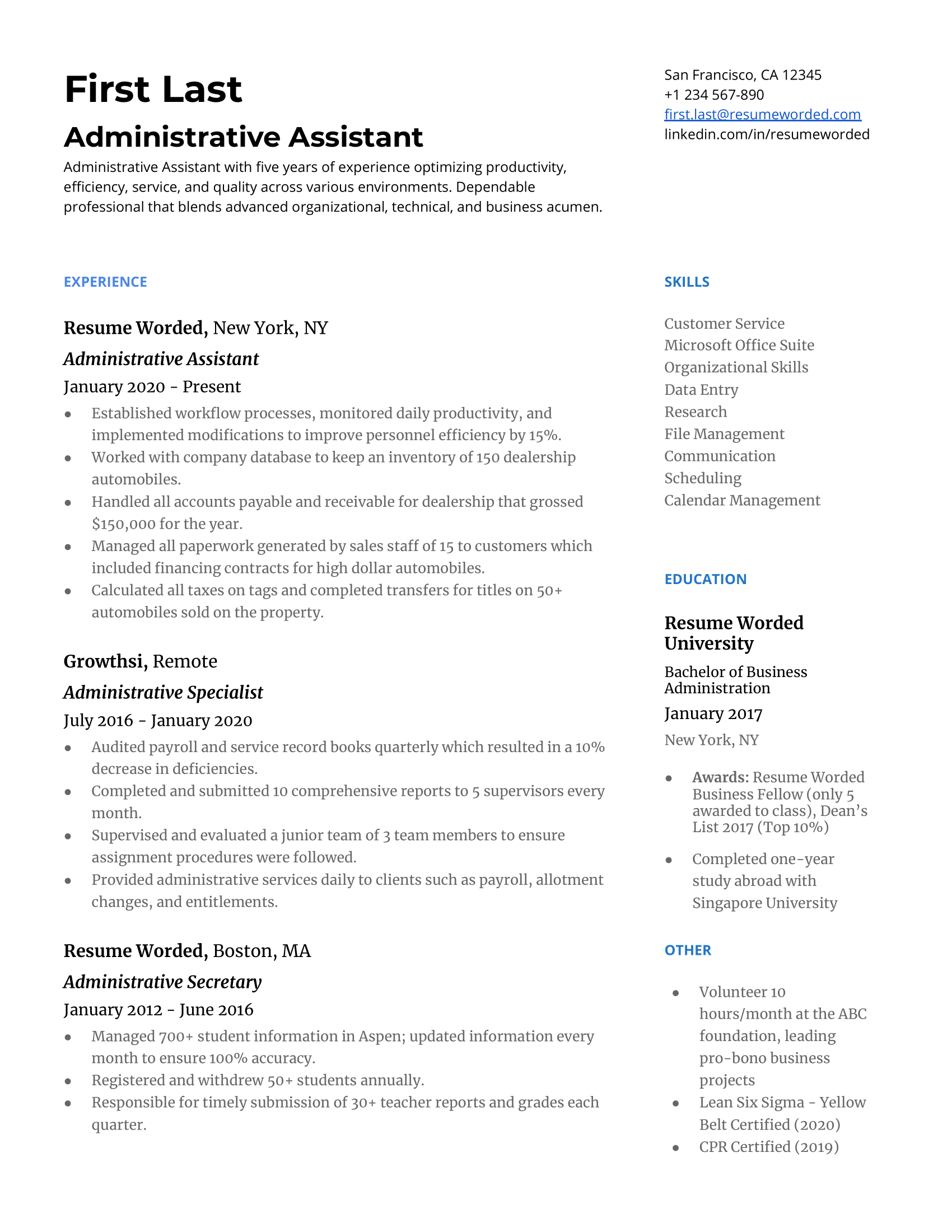 A well-organized CV highlighting technical proficiency and multitasking skills for an Administrative Assistant role.