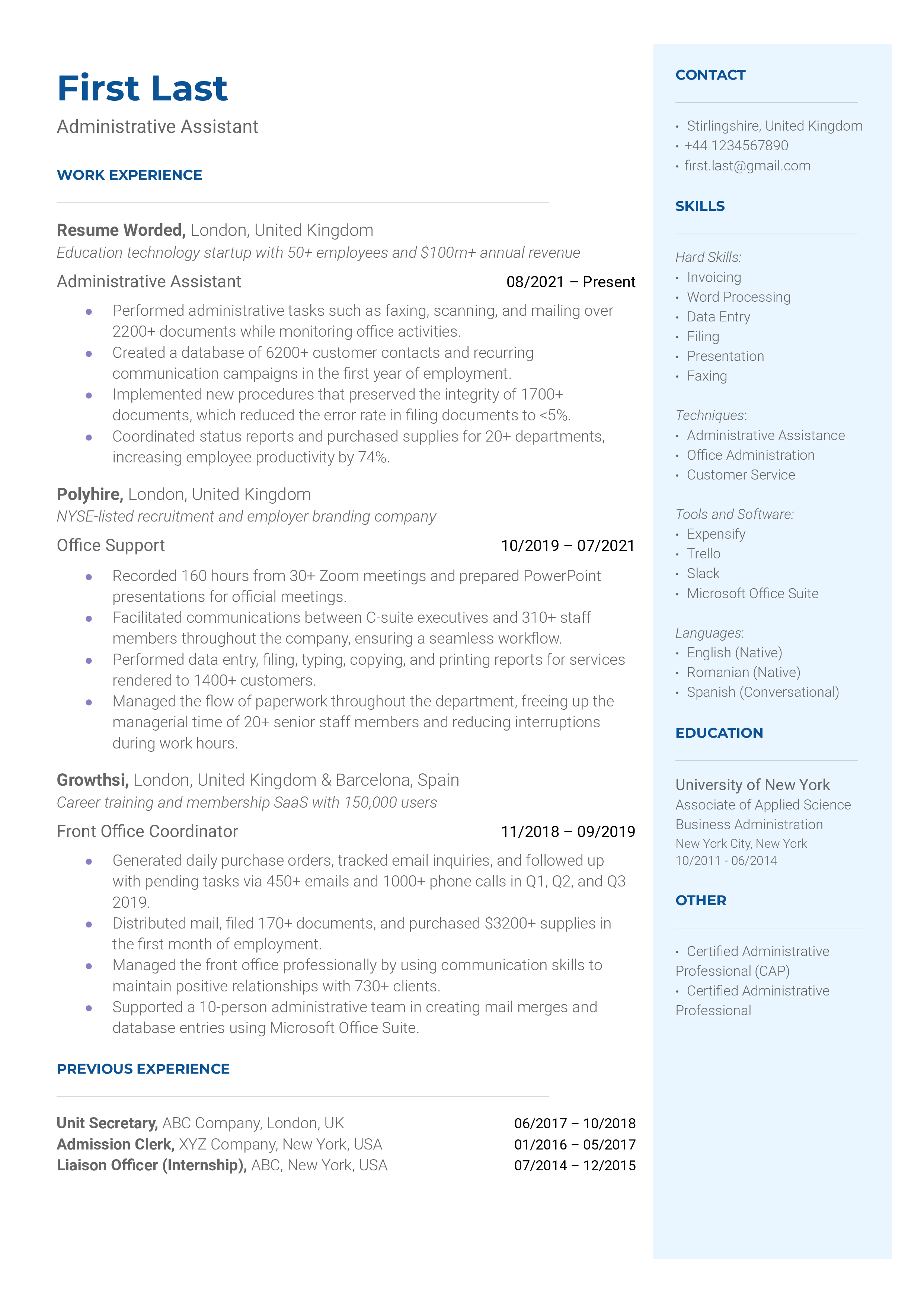 A resume for an administrative assistant with a bachelor's degree and experience as an administrative secretary and specialist.