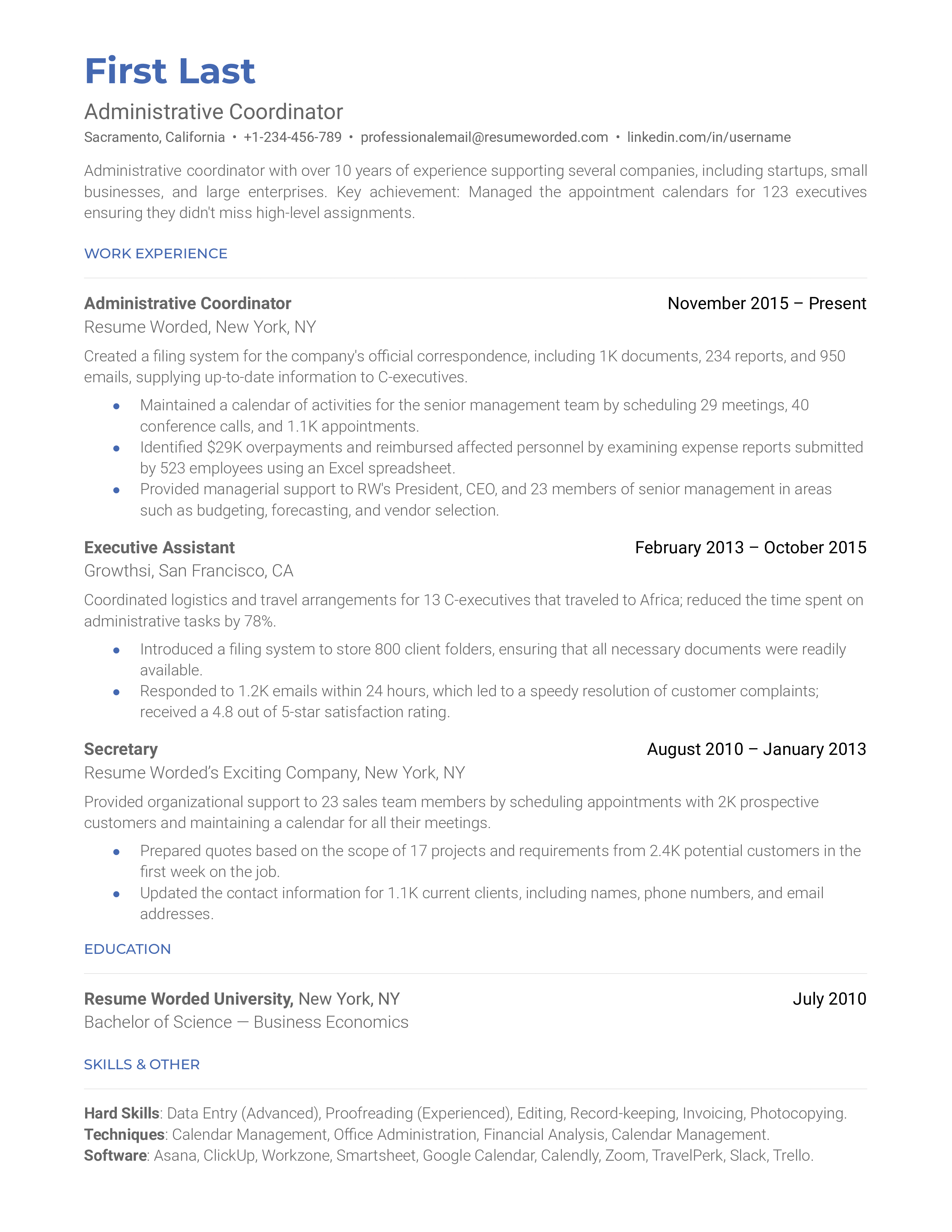 A CV showcasing the skills and experiences relevant to an Administrative Coordinator position.