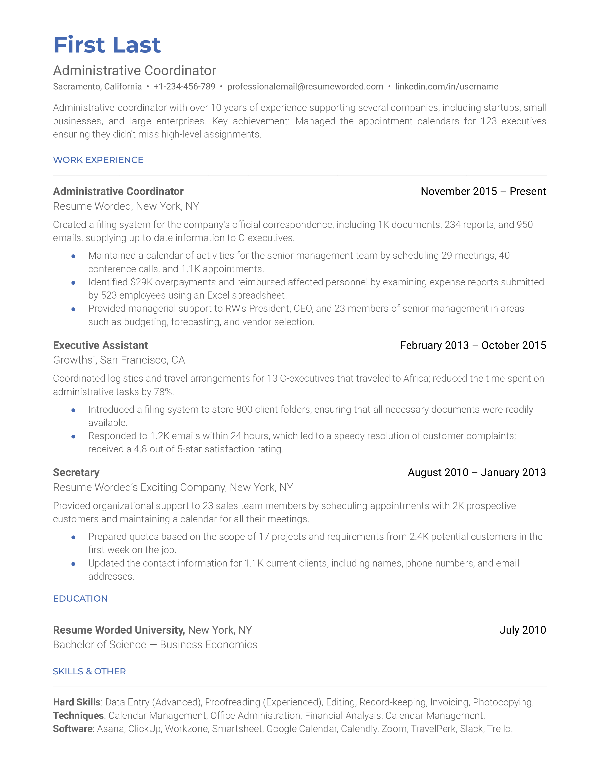 Administrative Coordinator Resume Sample