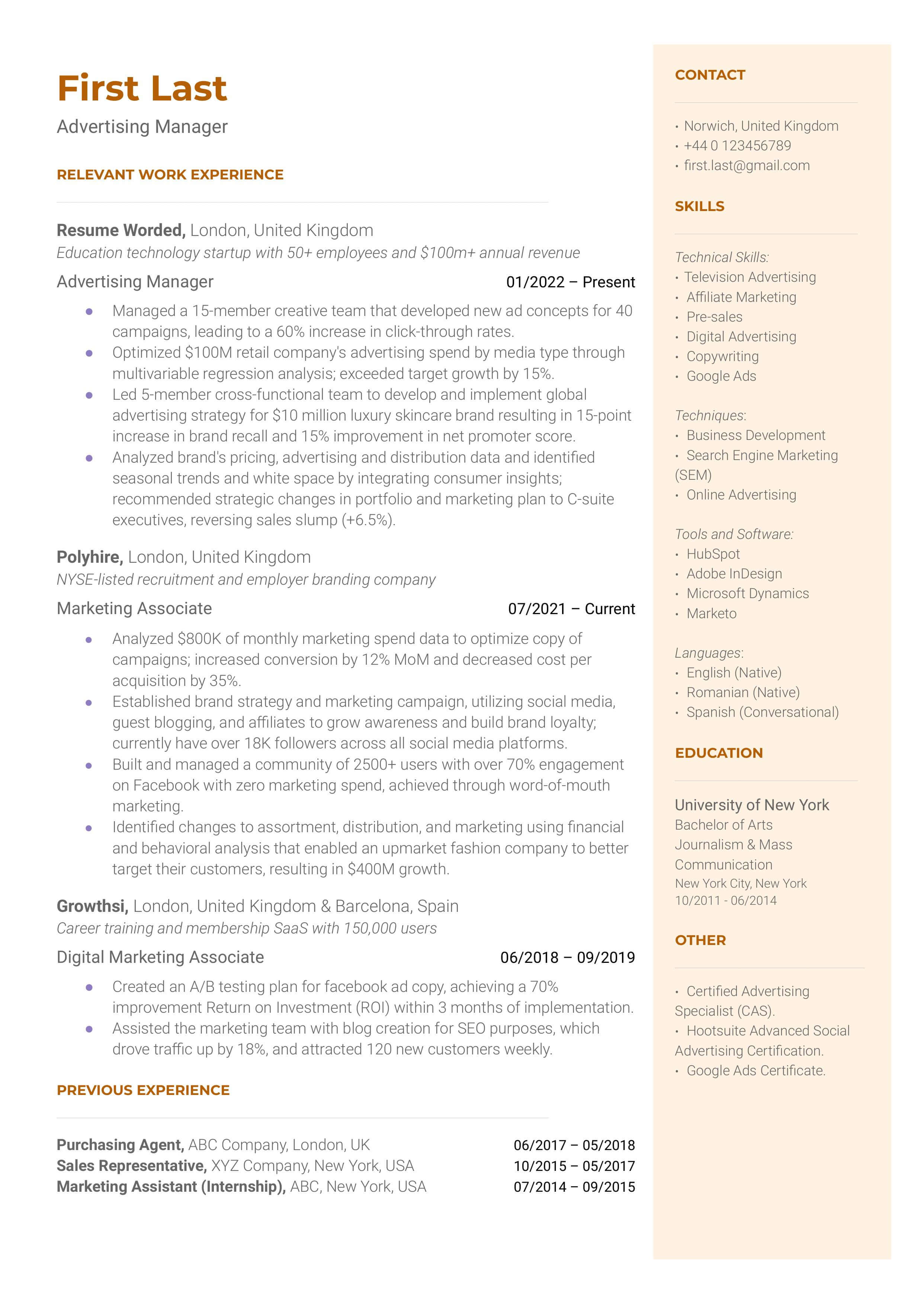 Advertising manager resume sample that highlights the applicants experience and skill set.