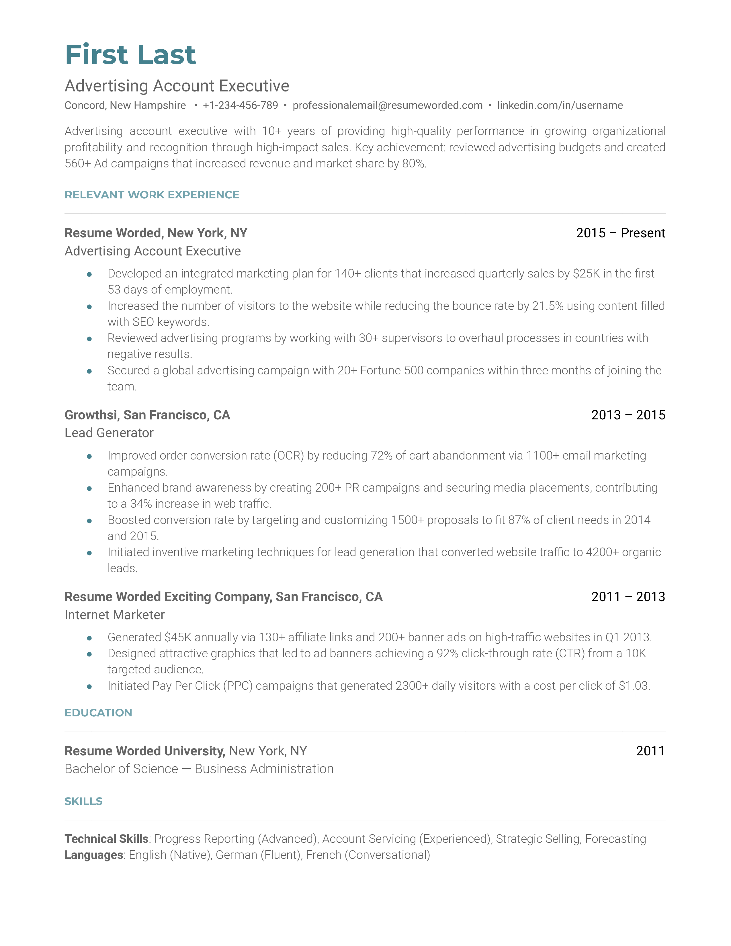 Advertising account executive resume sample that highlights applicant's experience and skills section.
