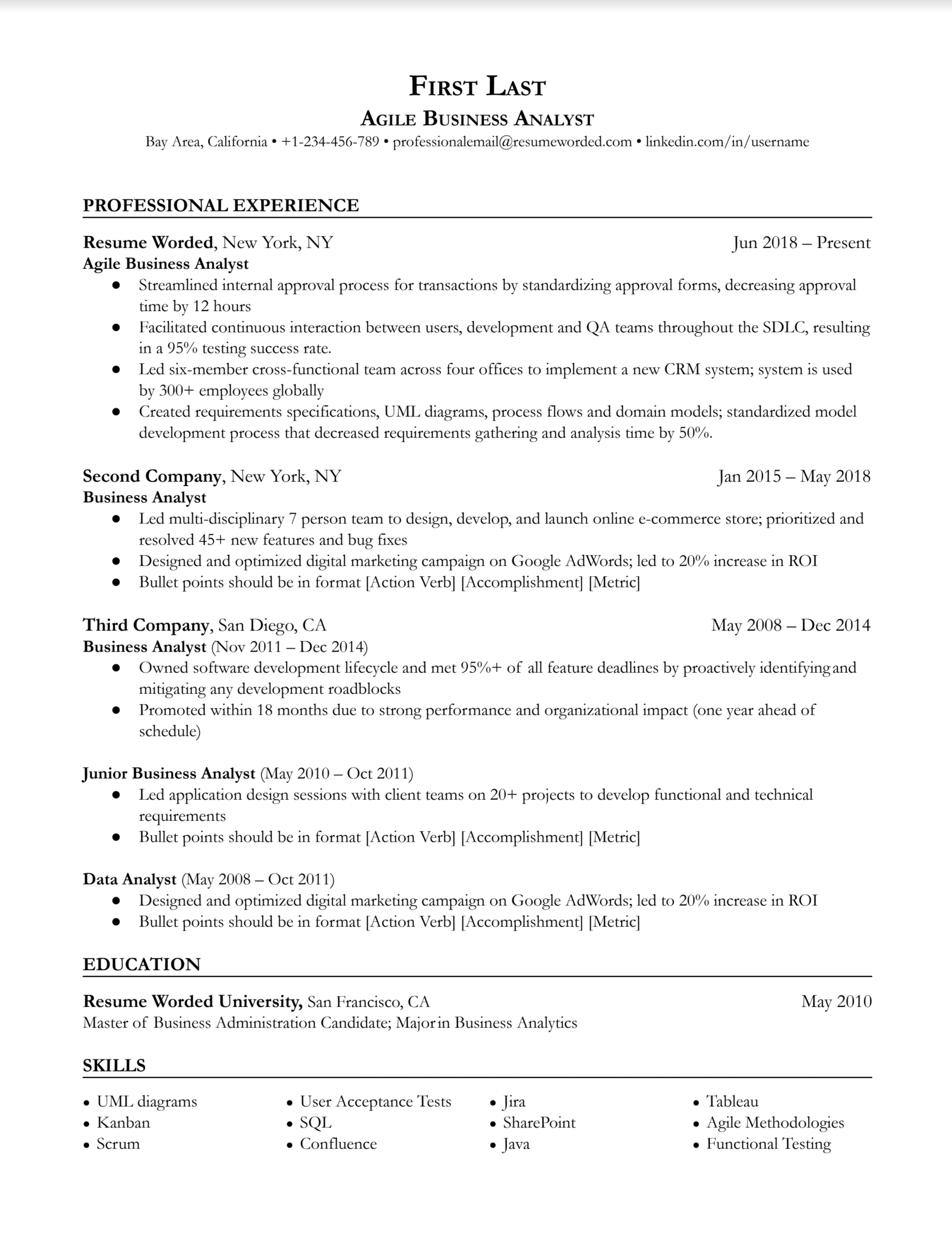 Agile business analyst resume with work history and strong verbs