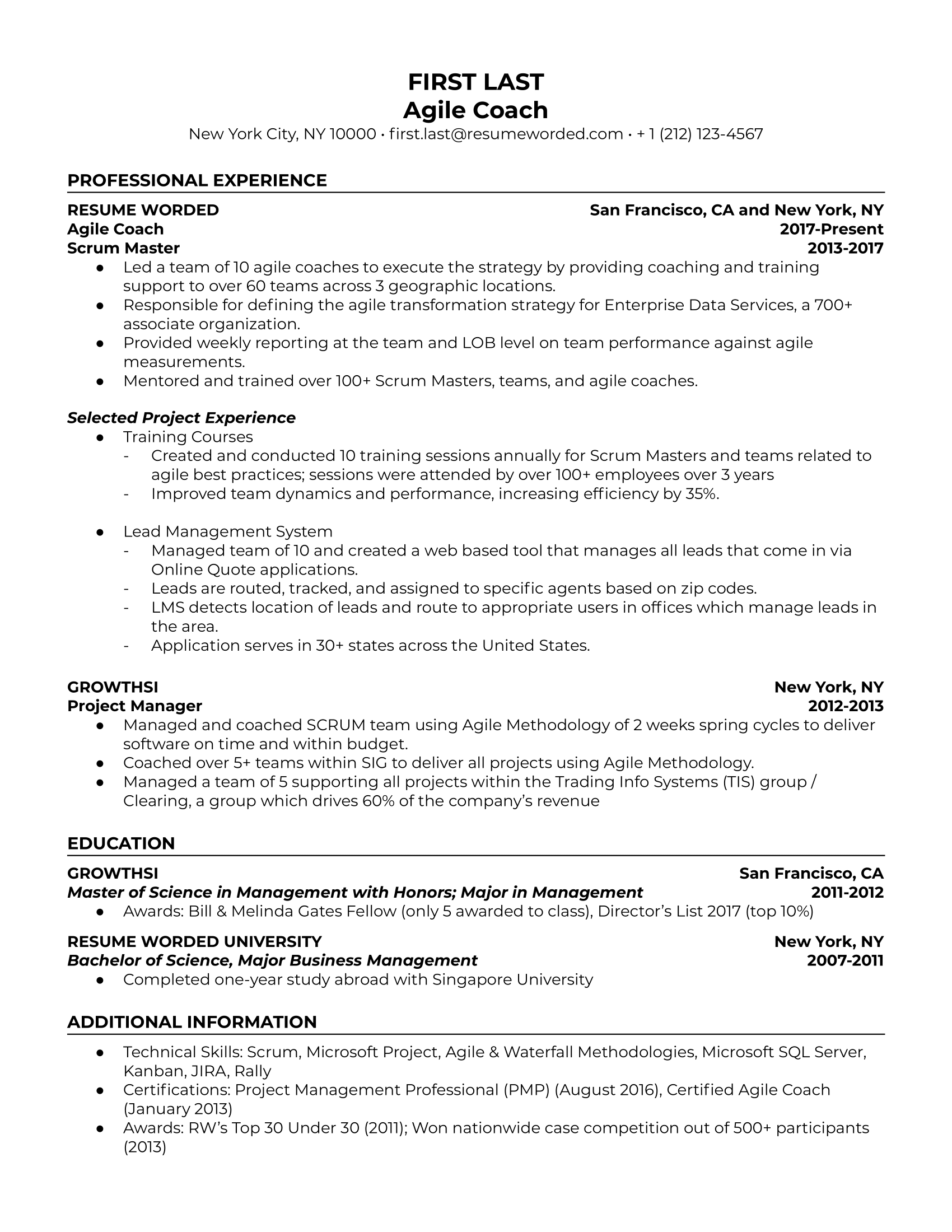 An agile coach resume with extremely detailed bullet points about previous work experience, completed projects, education, and hard skills. 