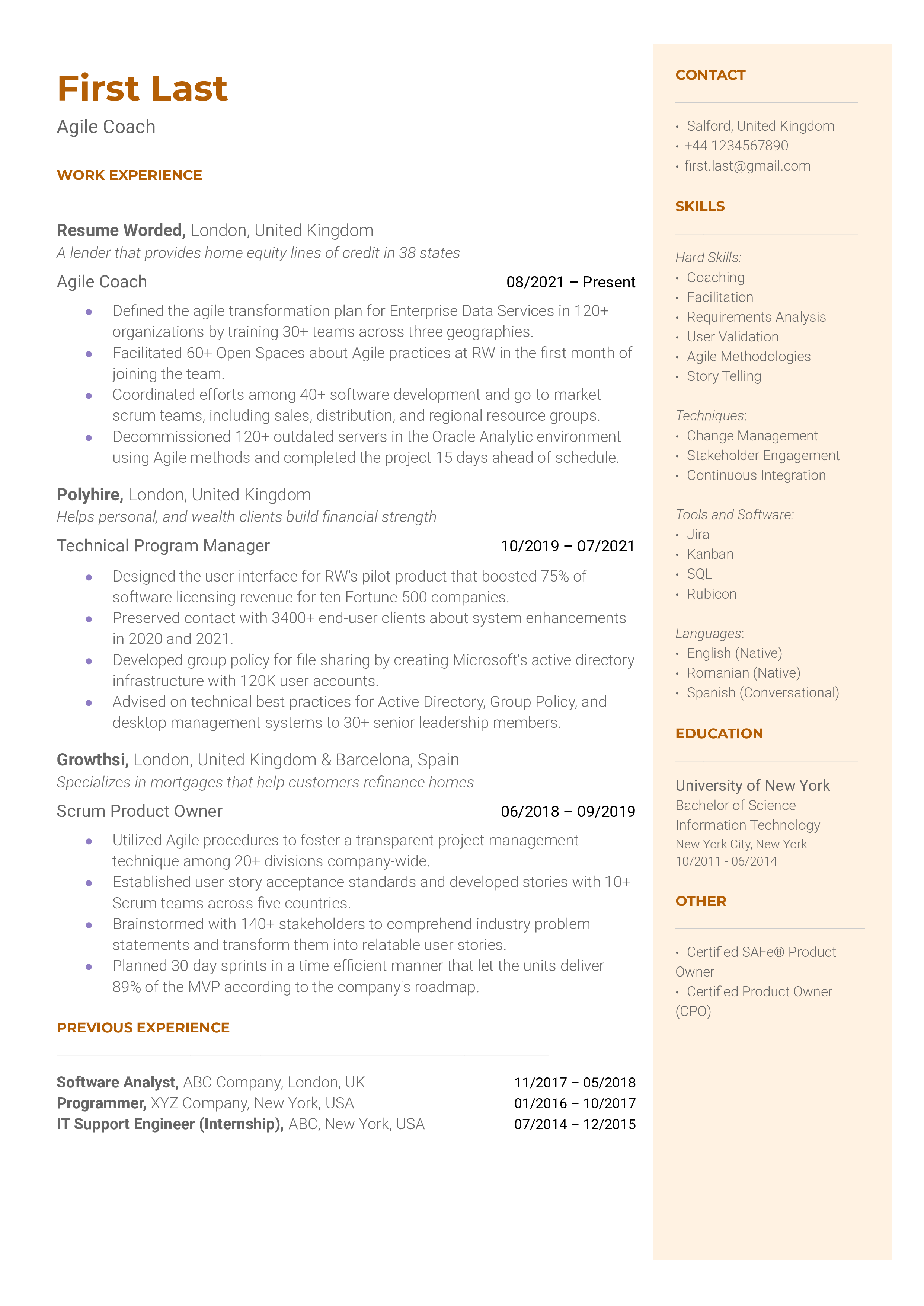An Agile coach resume template including tools and relevant software.