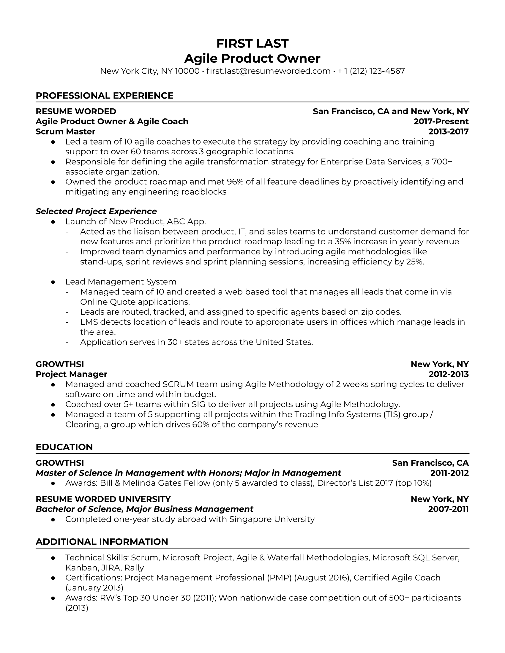 An Agile product owner resume template highlighting Agile experience