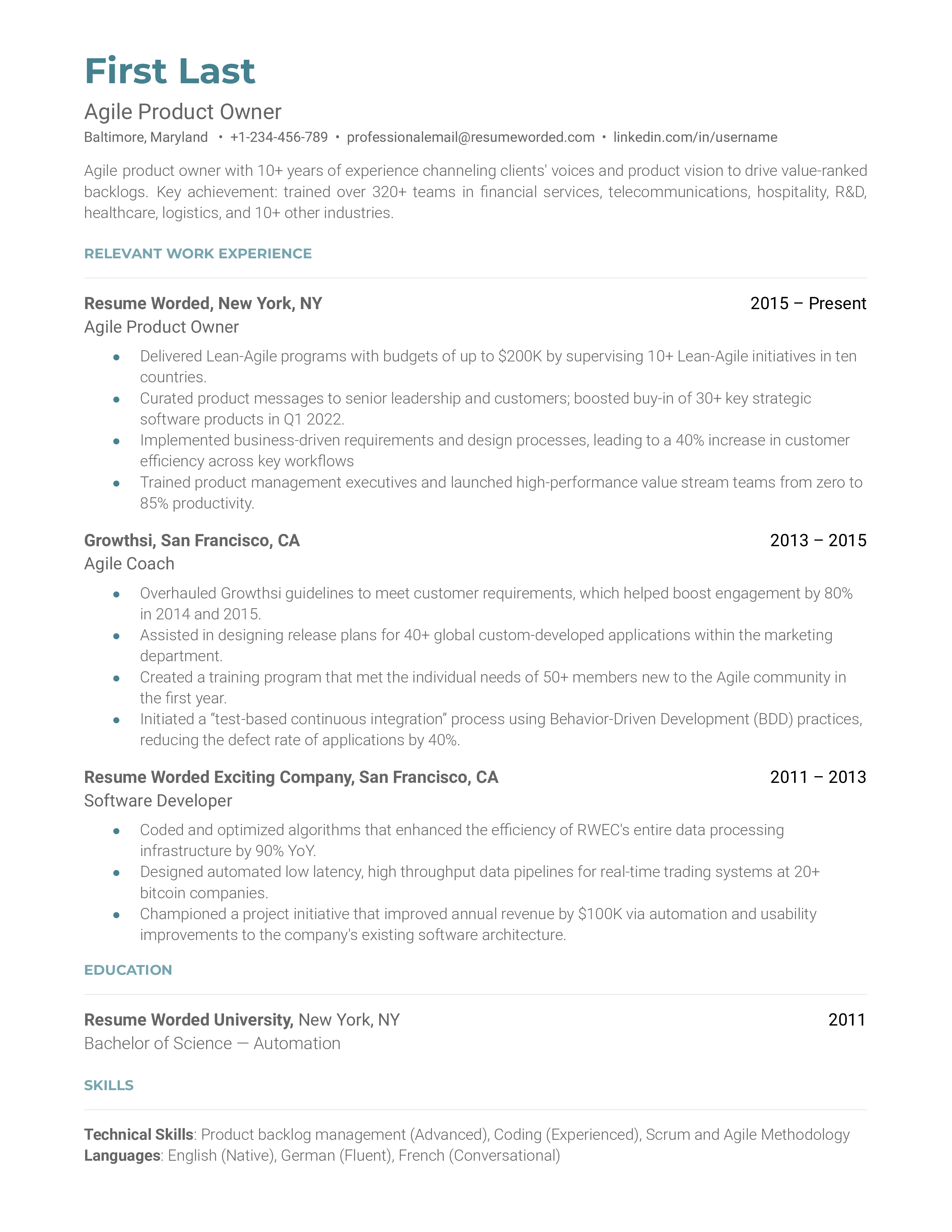 An Agile product owner resume template highlighting Agile experience